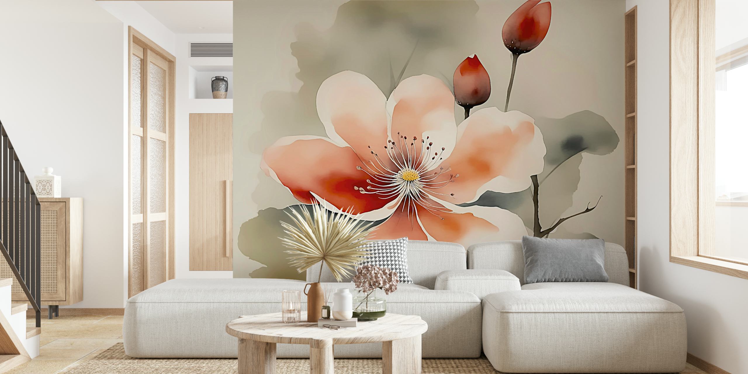 Élégante fresque murale florale zen japonaise avec un fond aquarelle doux et une fleur sereine