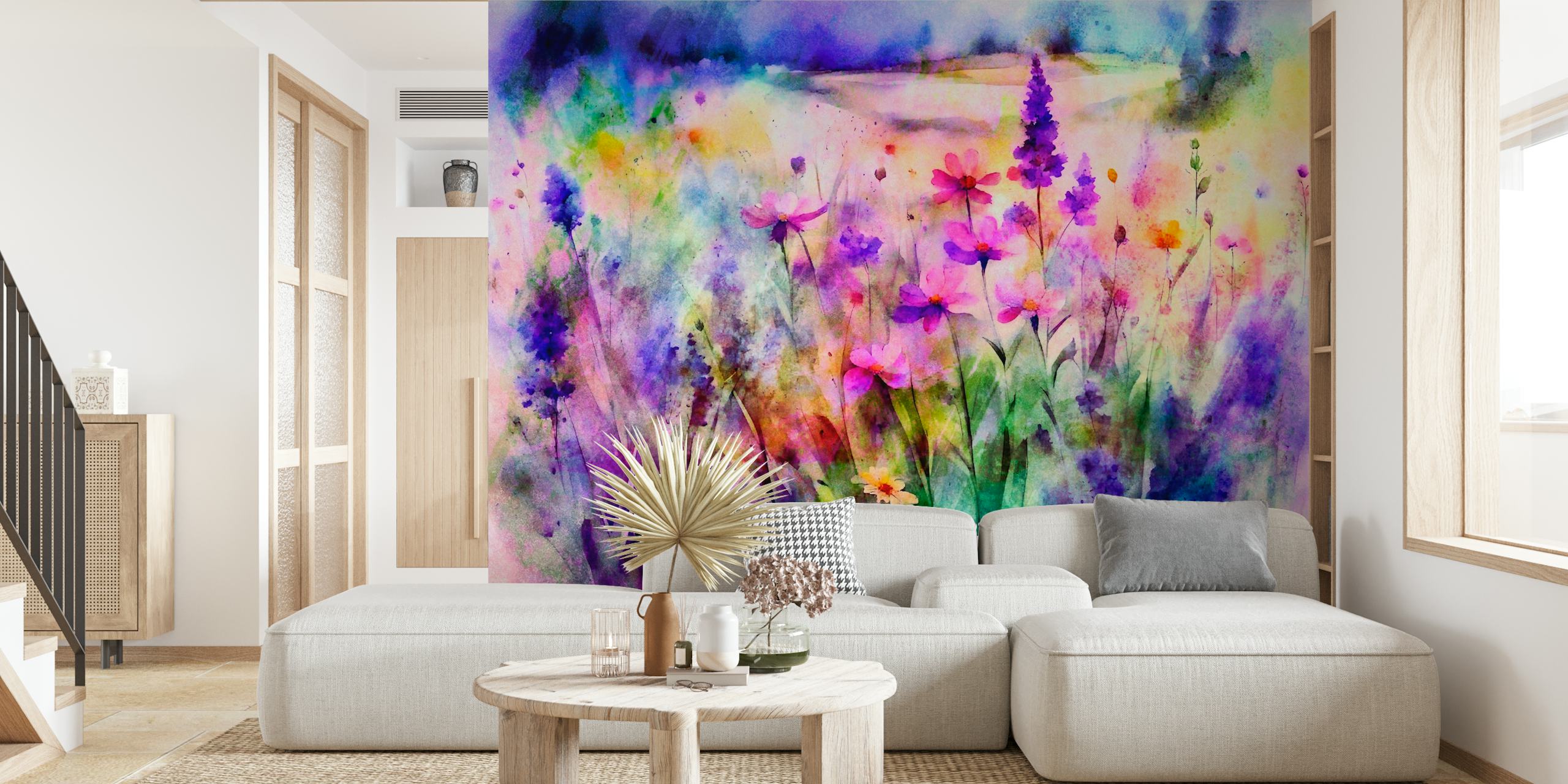 Färgglad akvarell tapet av ett drömskt blomsterlandskap