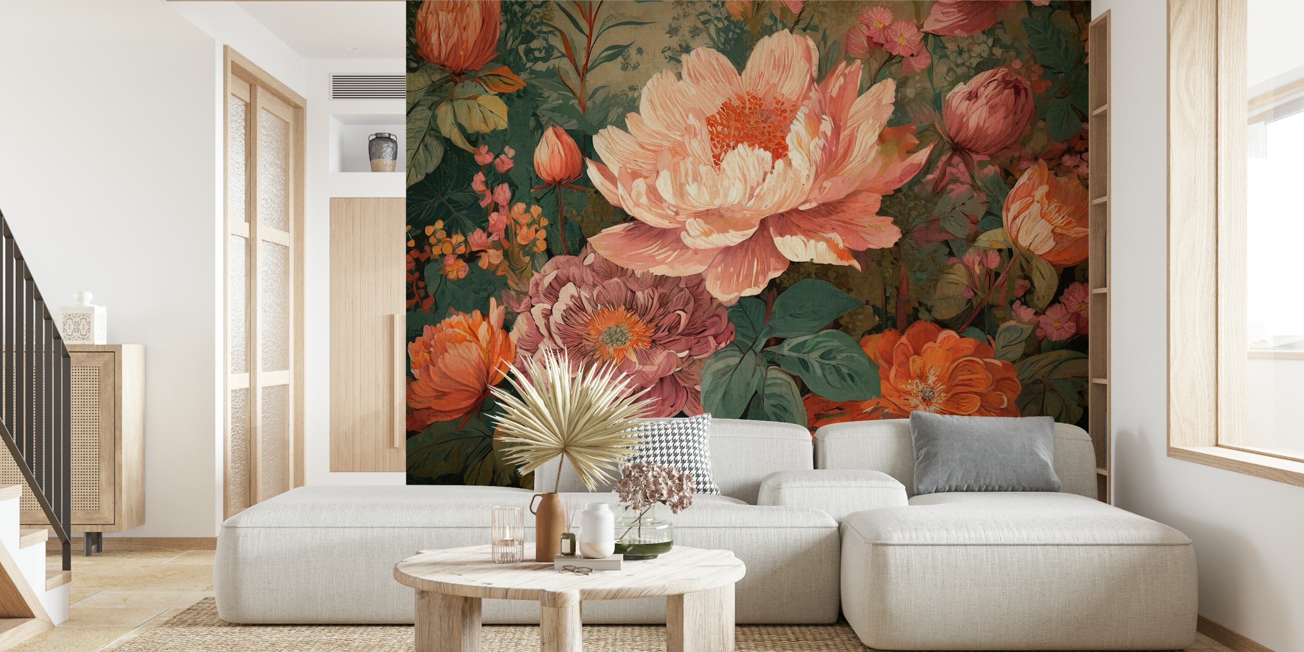 Floral wallpaper featuring large pink and orange flowers with green leaves in baroque style.
