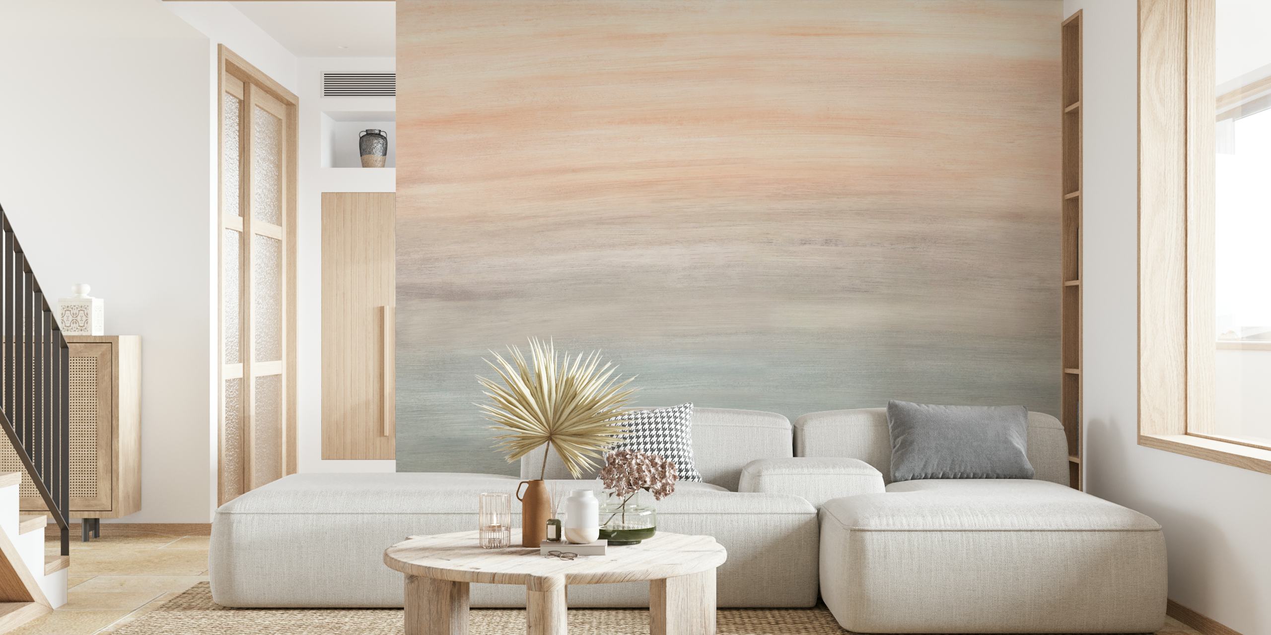 Mural de parede gradiente pastel do pôr do sol com tons suaves de laranja, rosa e creme