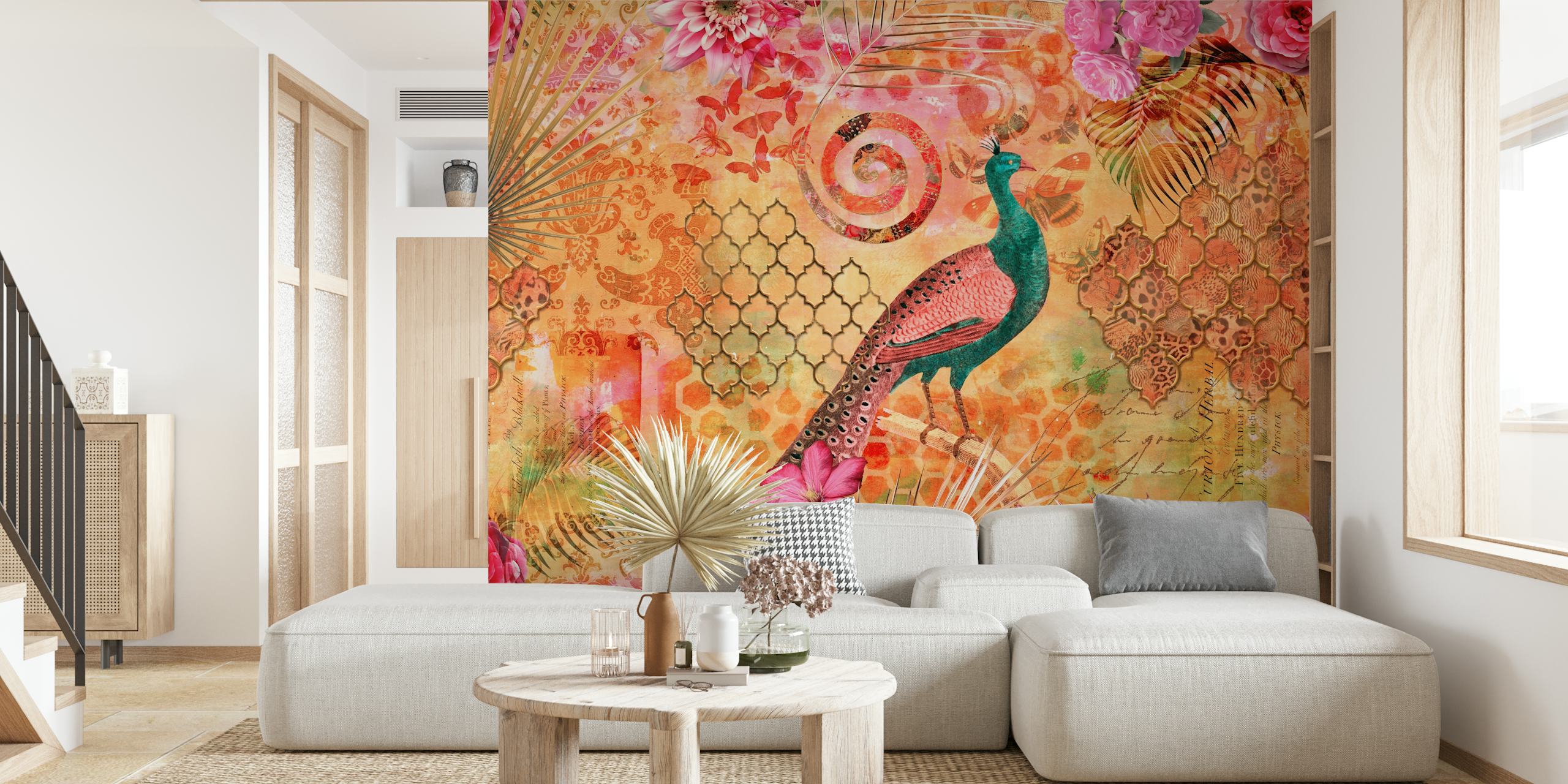 Colorful peacock and floral patterns in pink and orange wallpaper