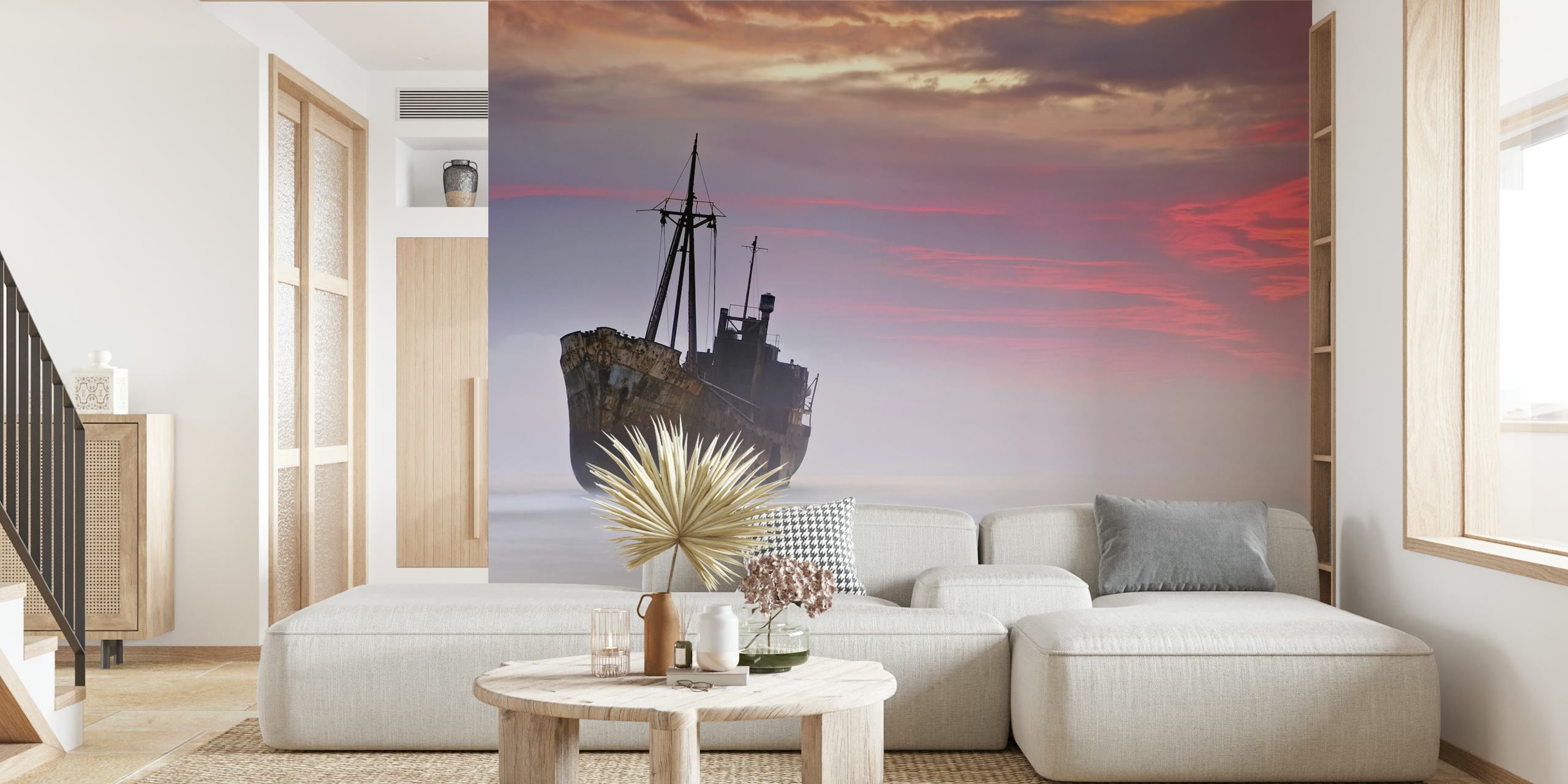 Shipwreck in ocean mist under purple and orange sky wallpaper