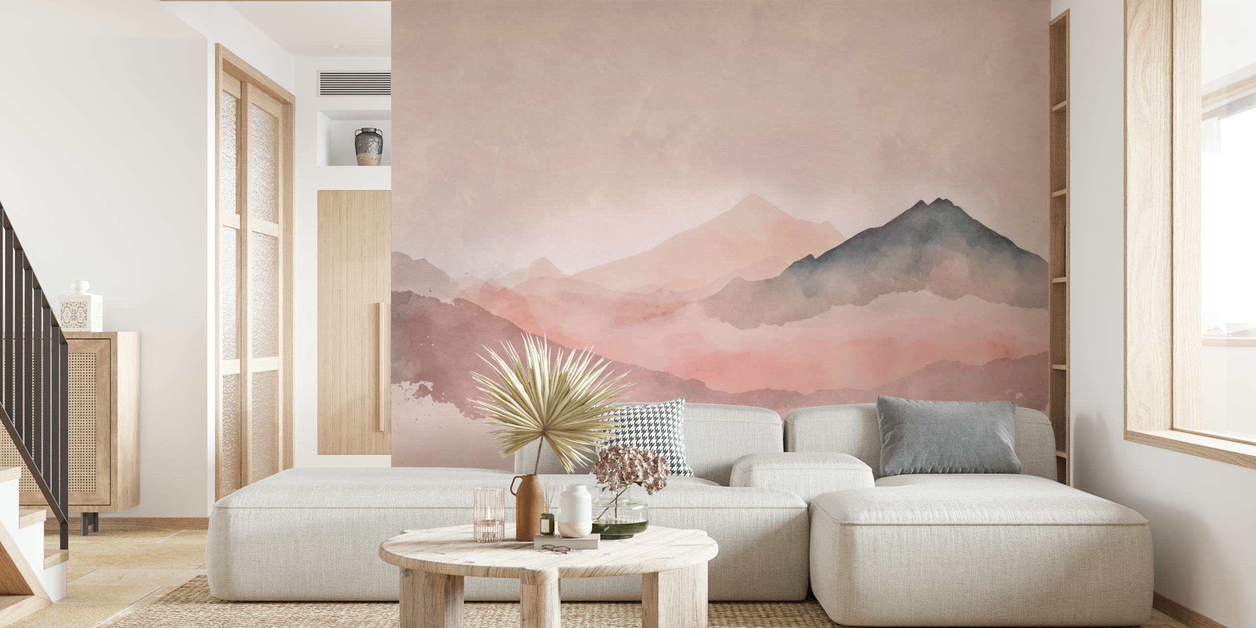 Misty landscape watercolor wallpaper in room