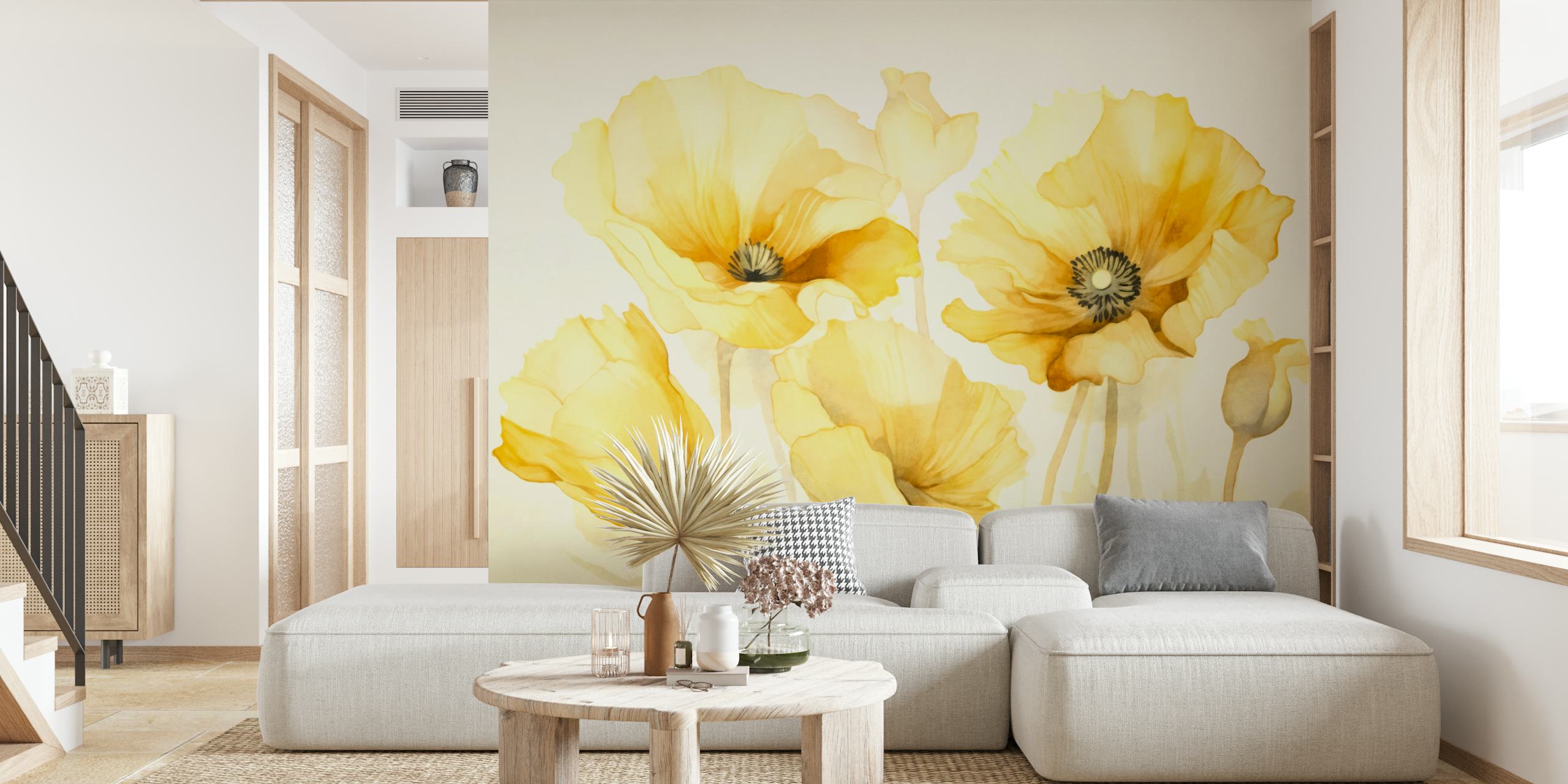 Gule valmueblomster på et lyst baggrundsvægmaleri