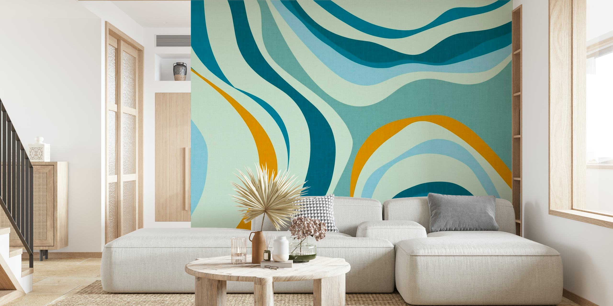 Veggmaleri med blå bølger i retrostil med rolige blå- og sandfargemønstre