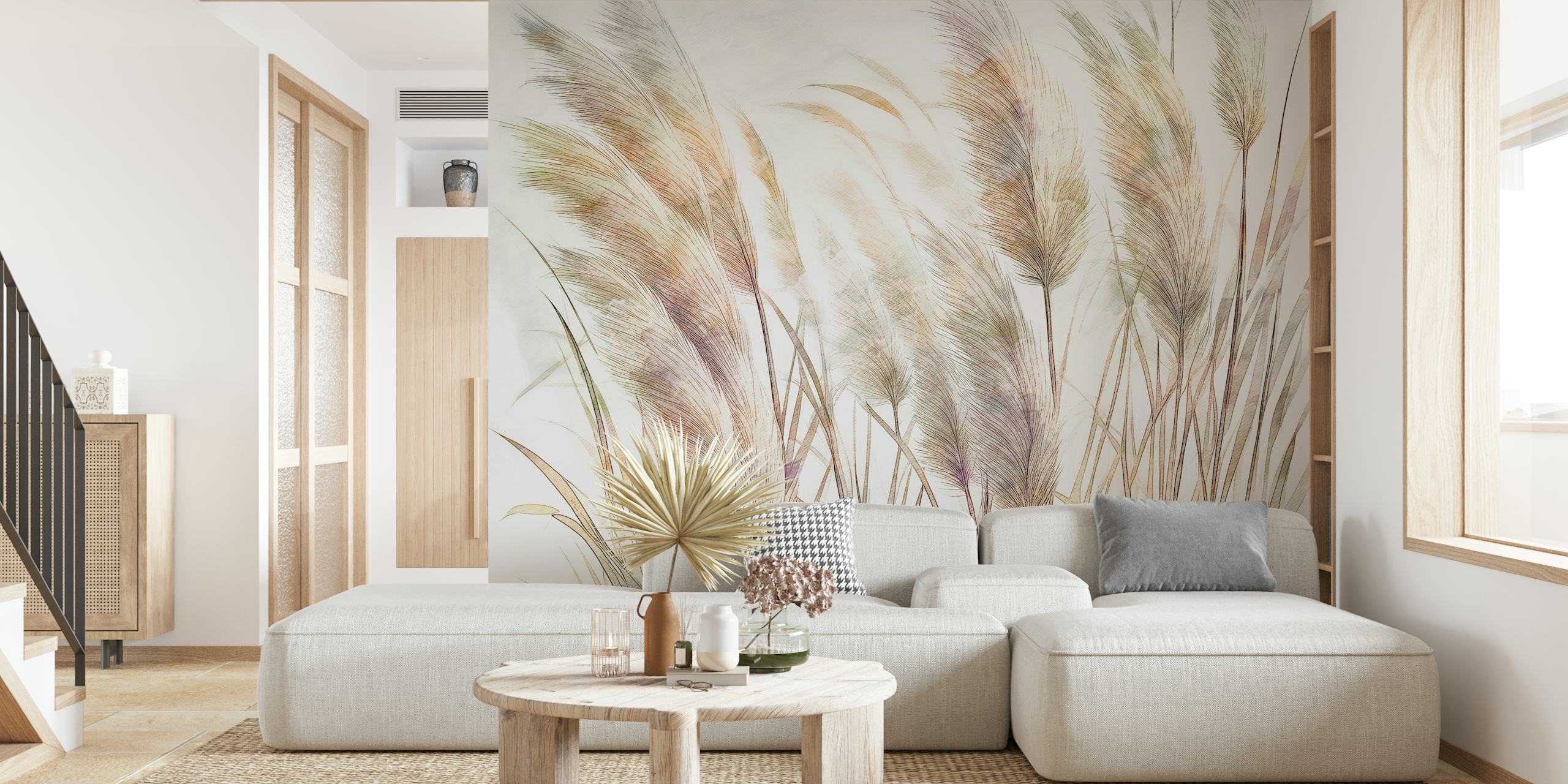 Pampas grass in soft beige and blush tones wallpaper