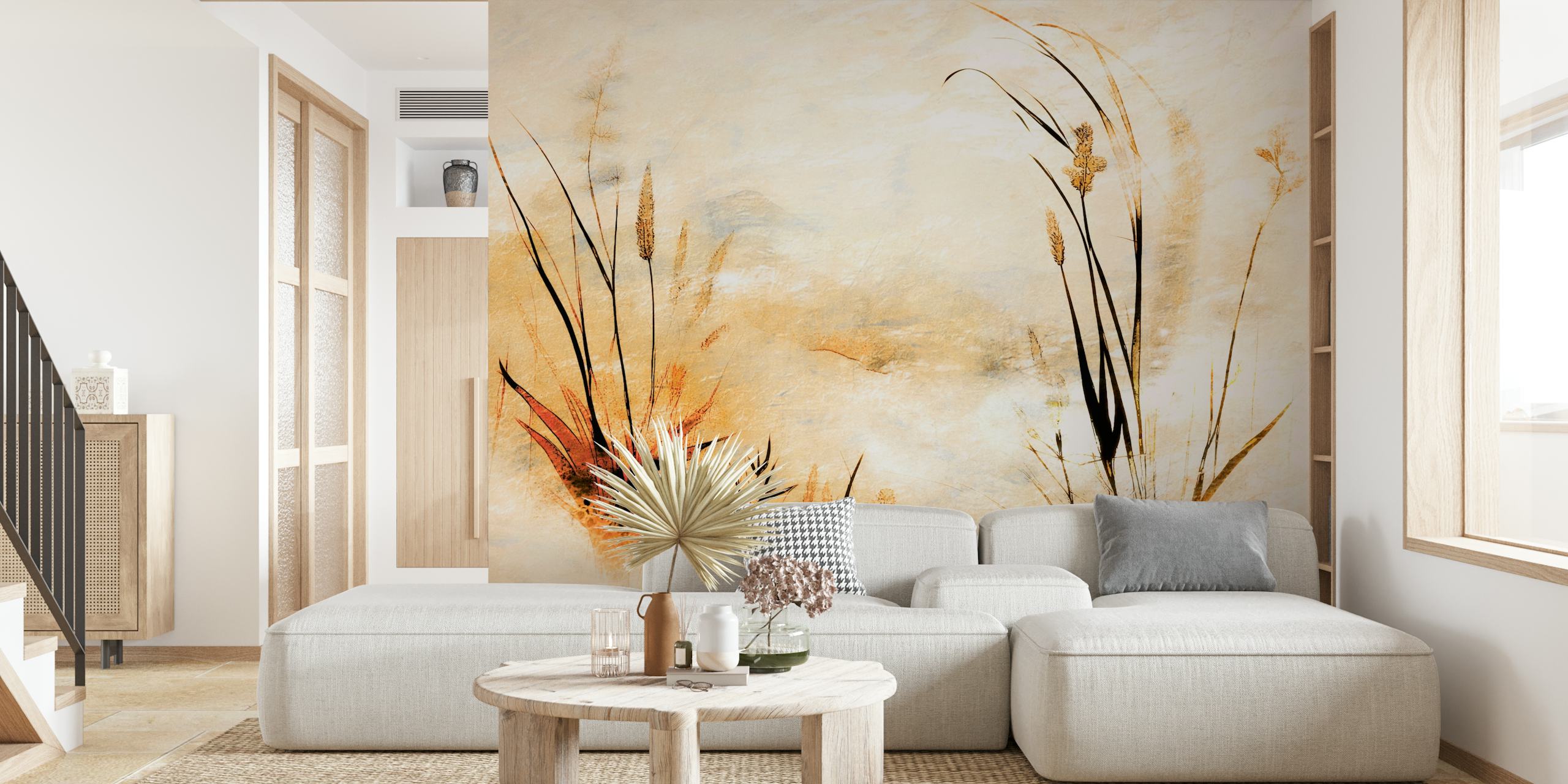 Wall mural of a meadow with tall grass in golden sunrise hues
