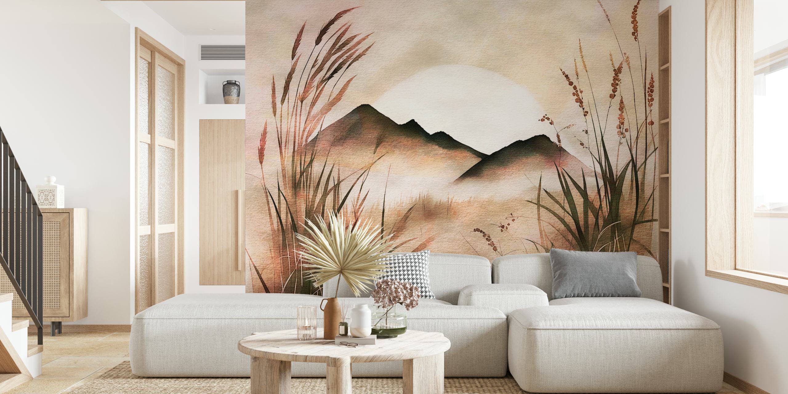 Watercolor grasslands and mountains with soft beige colors wallpaper