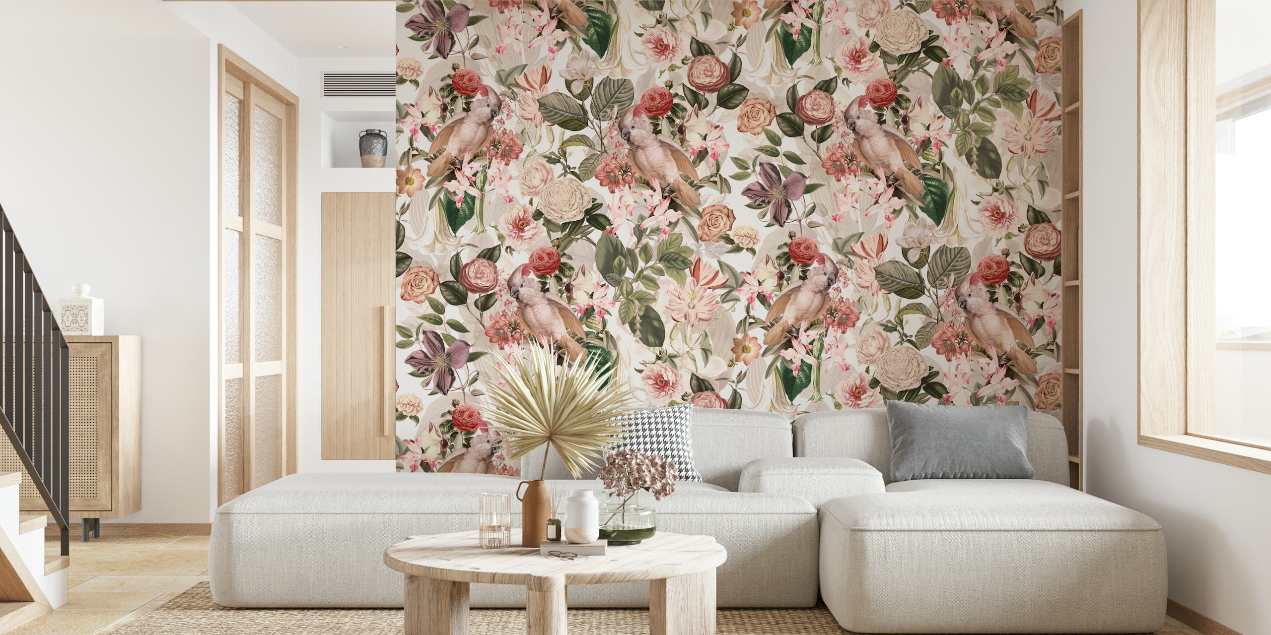 Tropical floral pattern with cockatoos in soft colors wallpaper