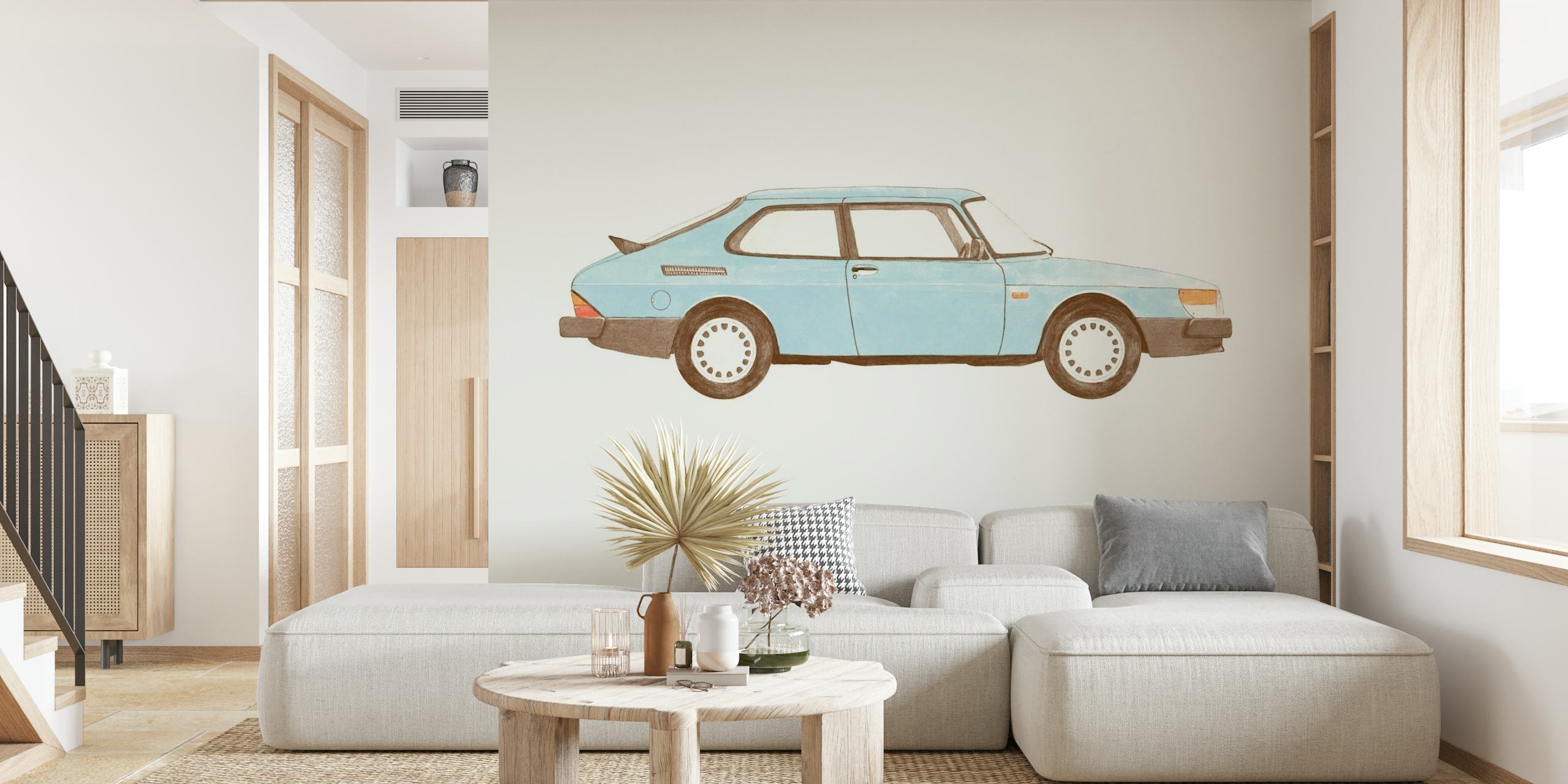 Ilustracija zidnog murala vintage plavog automobila