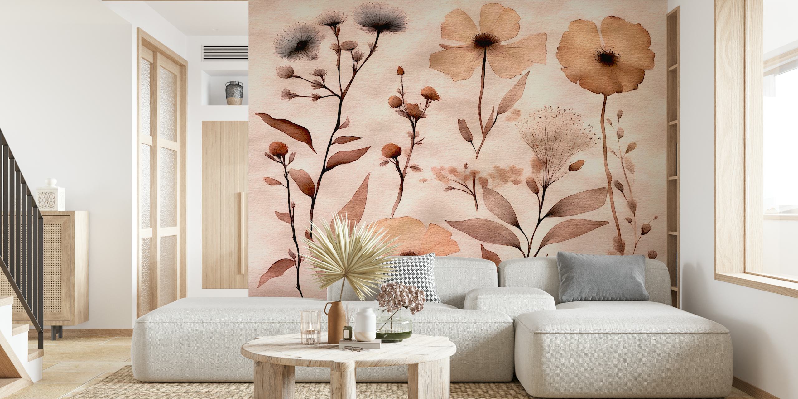 Beige floral patterns featuring delicate flowers and leaves wallpaper