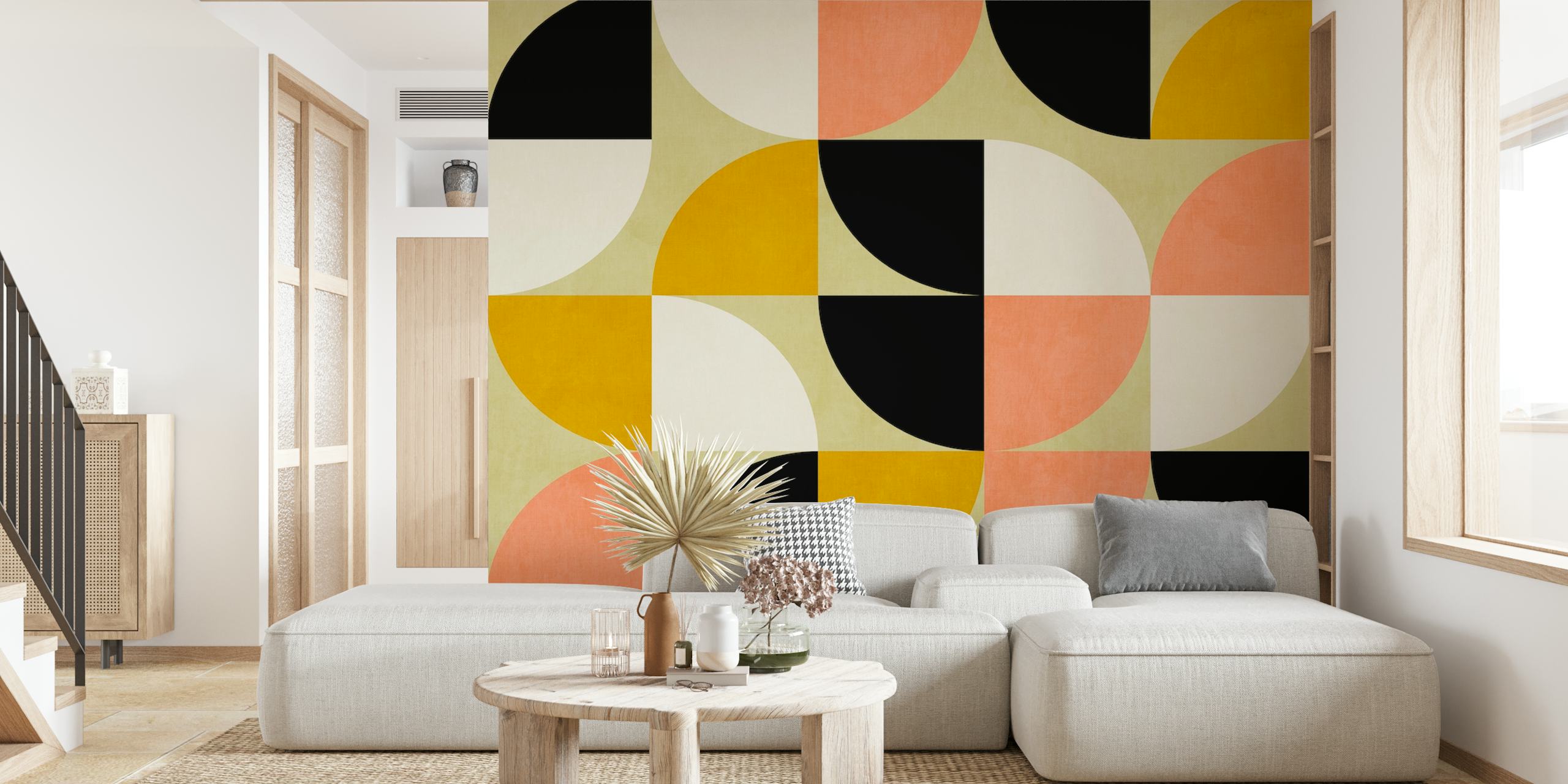 Colorful geometric patterns in soft peach, yellow, black, and white wallpaper