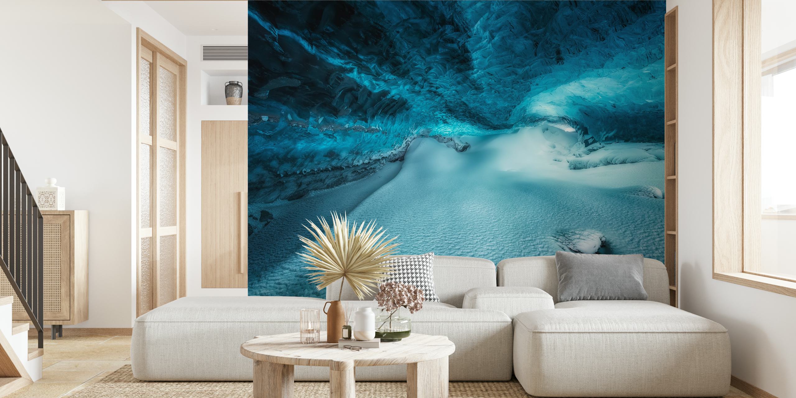 Underwater ice cavern wall mural displaying shades of blue and frozen textures