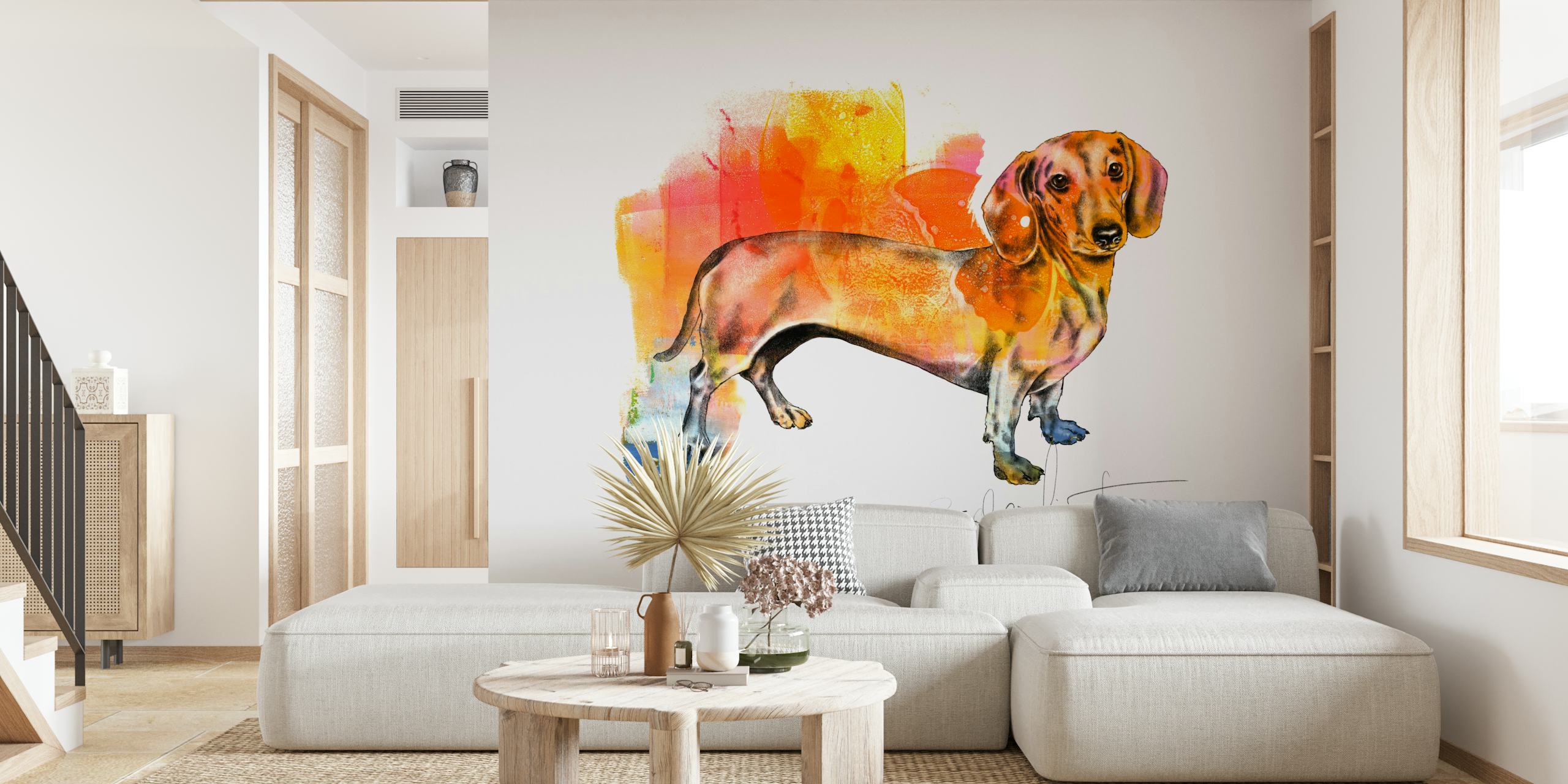 Colorful dachshund dog illustration with abstract background wallpaper