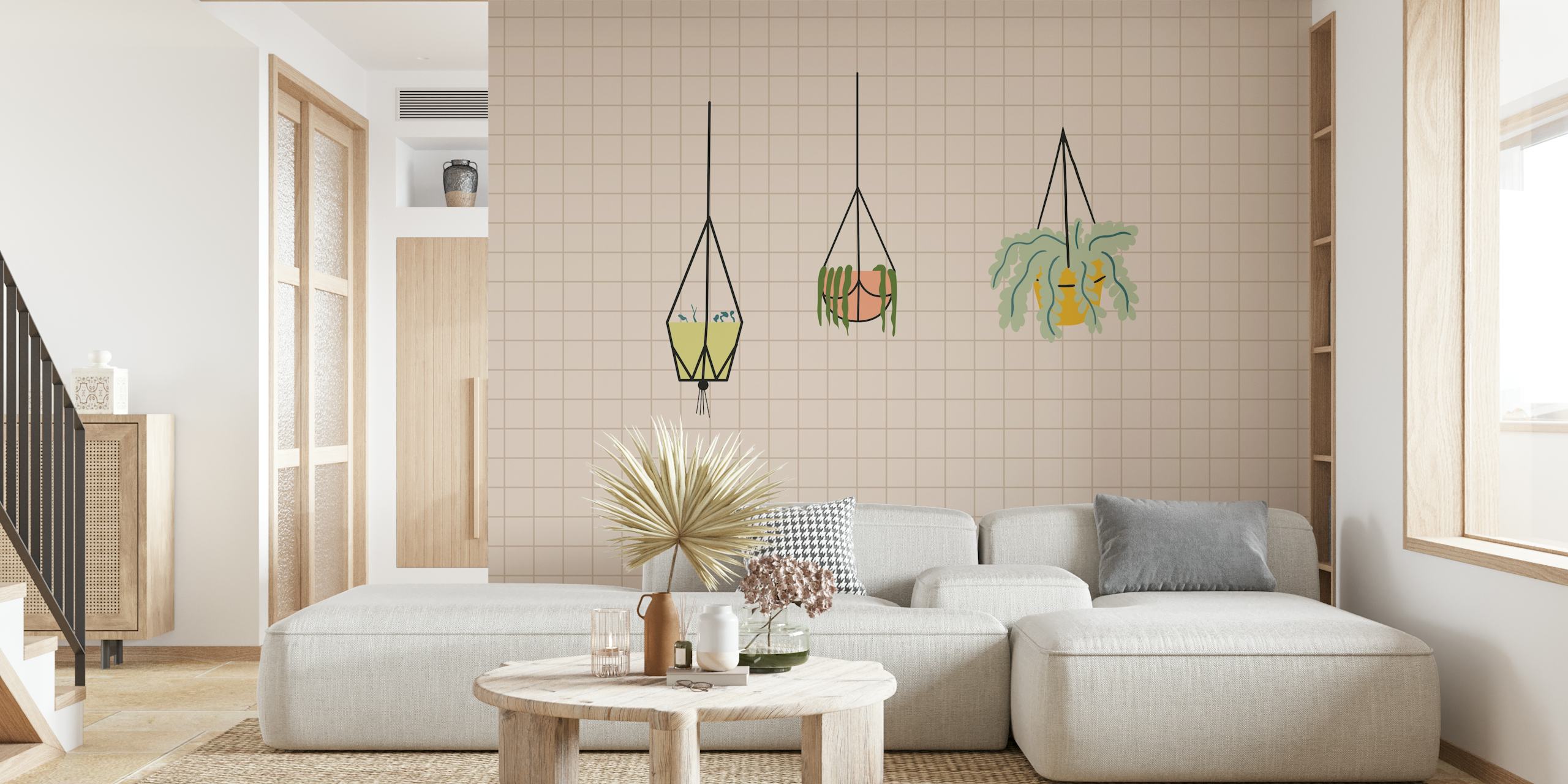 Hanging plants in geometric planters on beige grid wallpaper