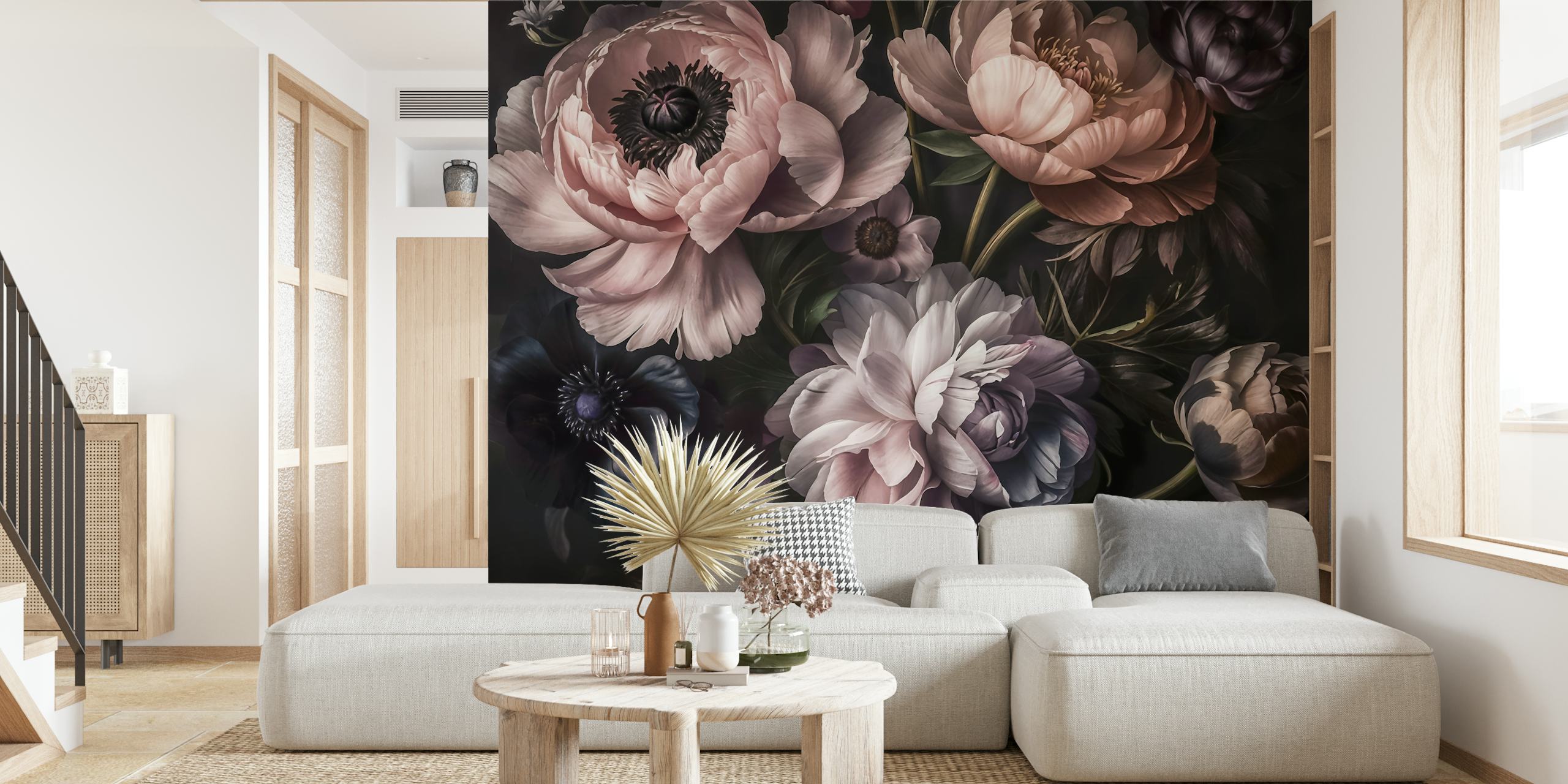 Dark moody baroque floral wall mural with smoky pink and peach blooms