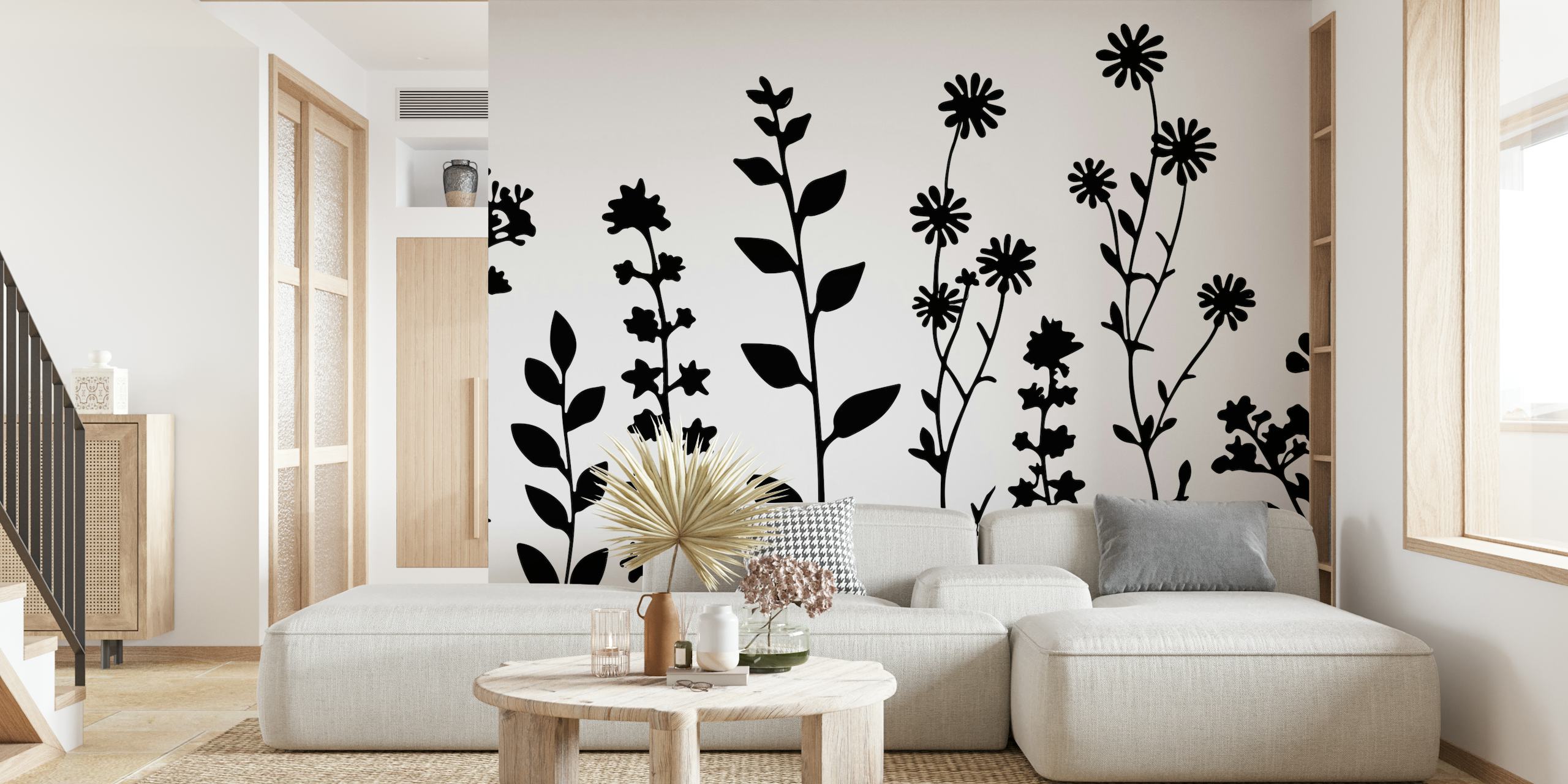 Black and white floral design featuring various wildflowers wallpaper