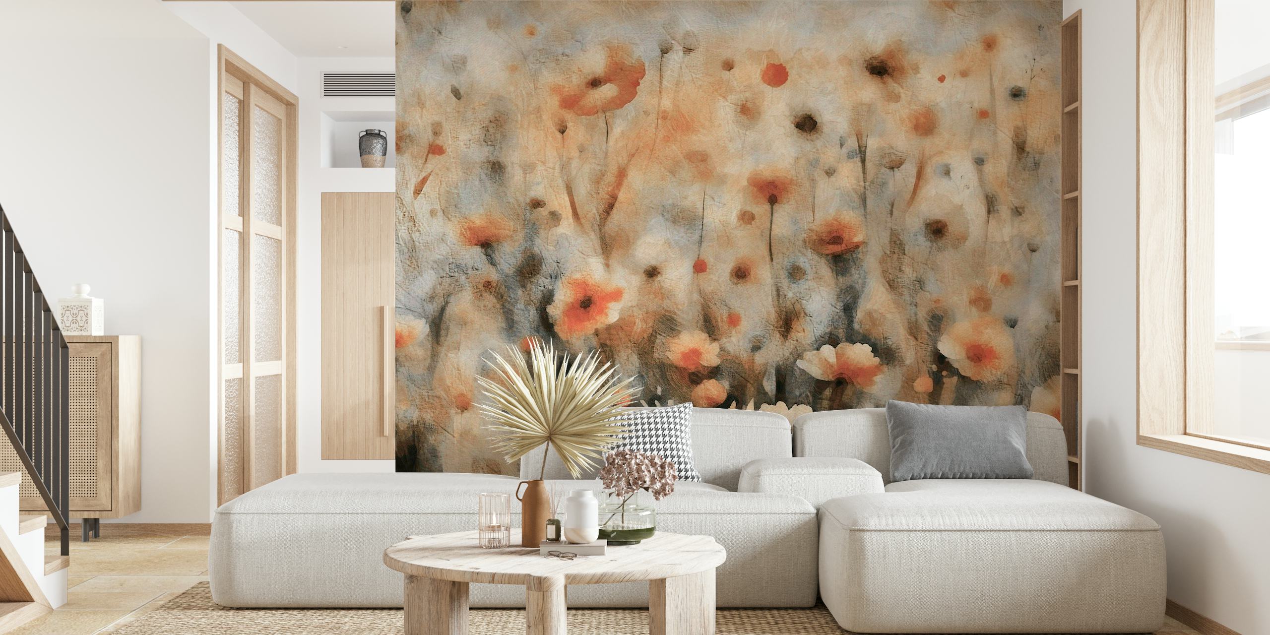 Antique-style wall mural with moody wildflowers in faded earthy tones