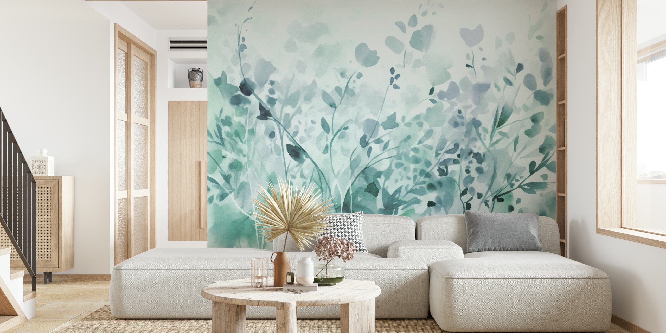 Teal watercolor floral design with leaves and stems wallpaper