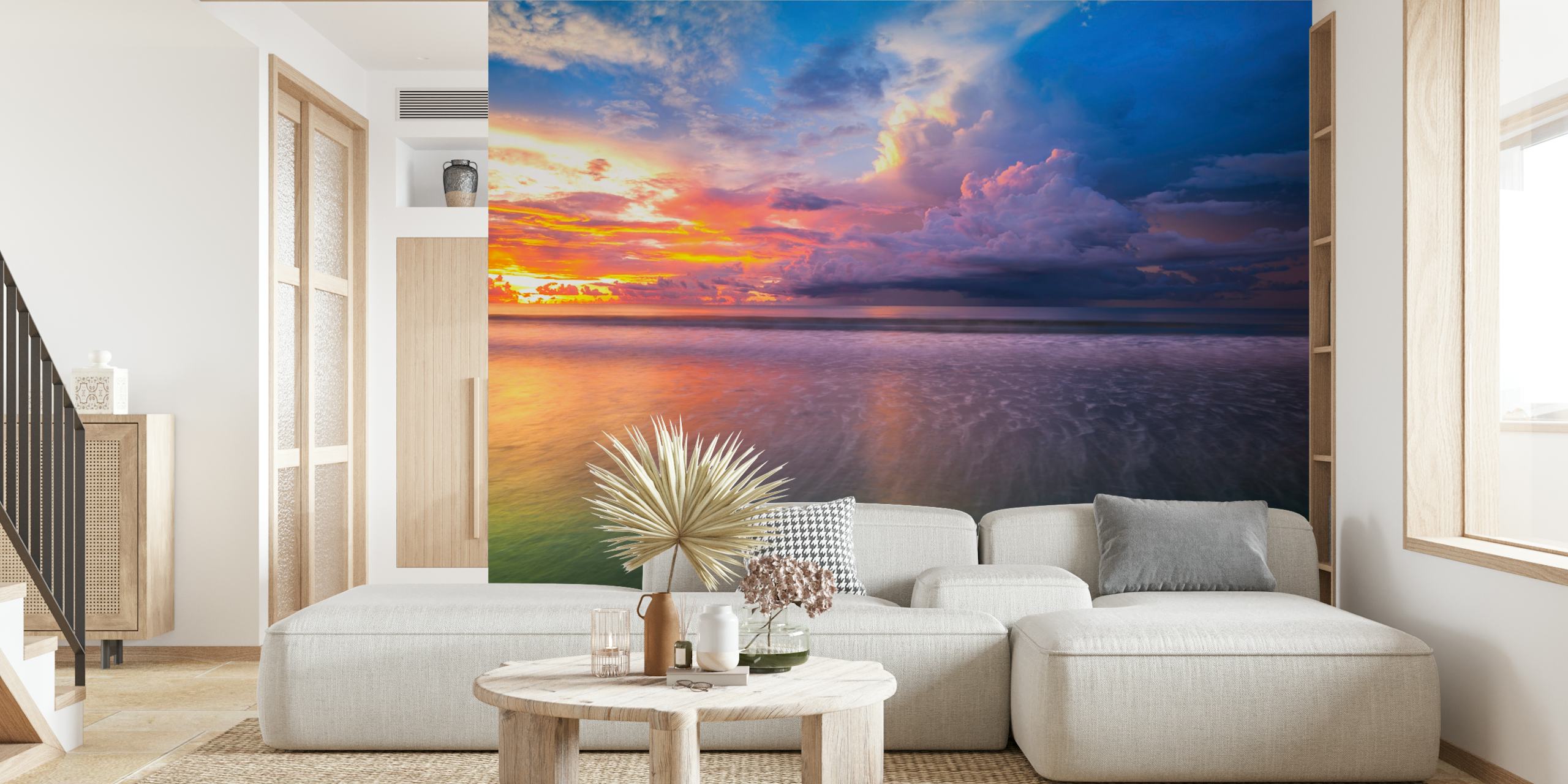 Vibrant ocean sunset with colorful clouds, blue and orange wallpaper