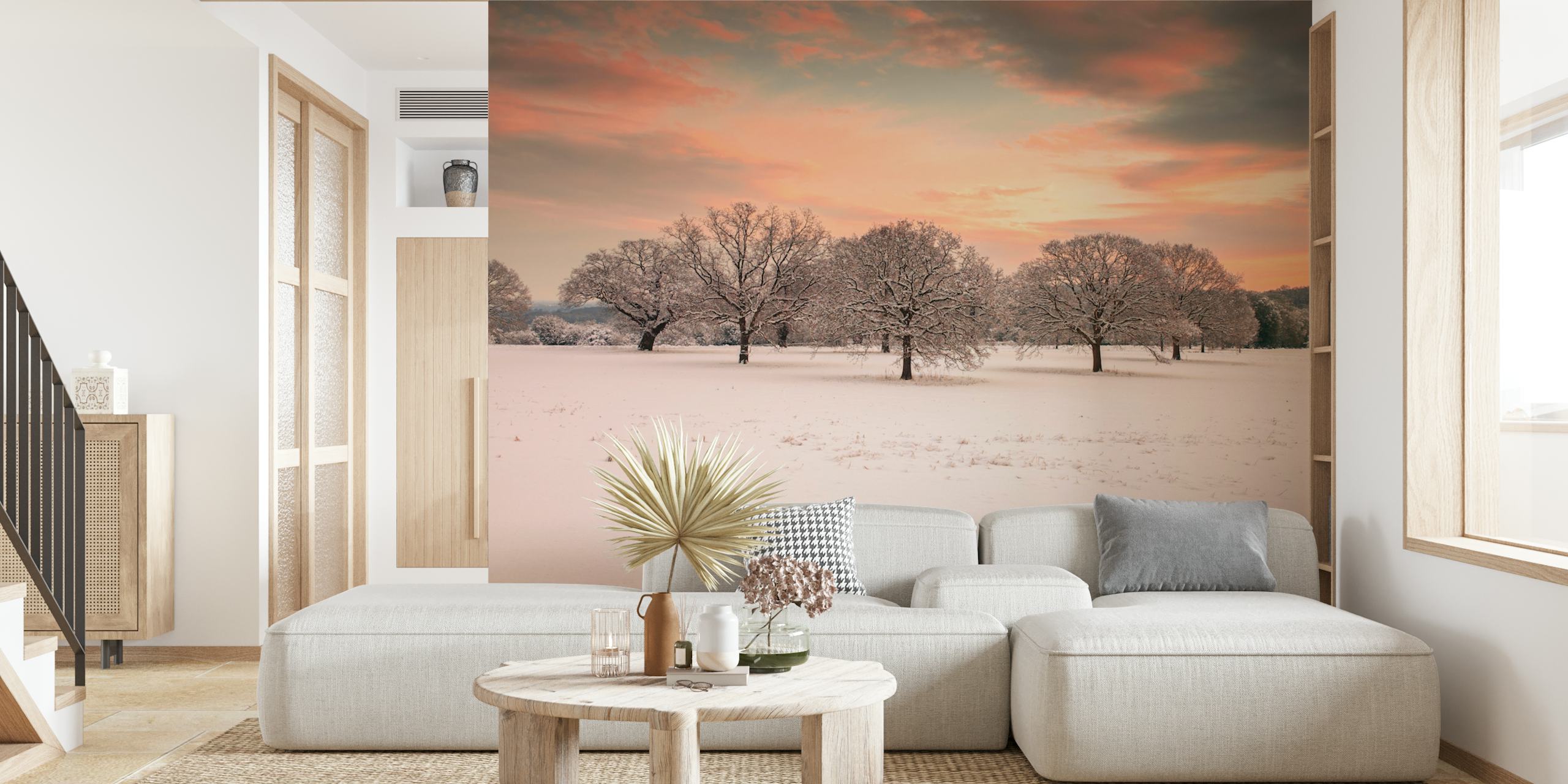 Snowy trees in a winter landscape at sunset wallpaper