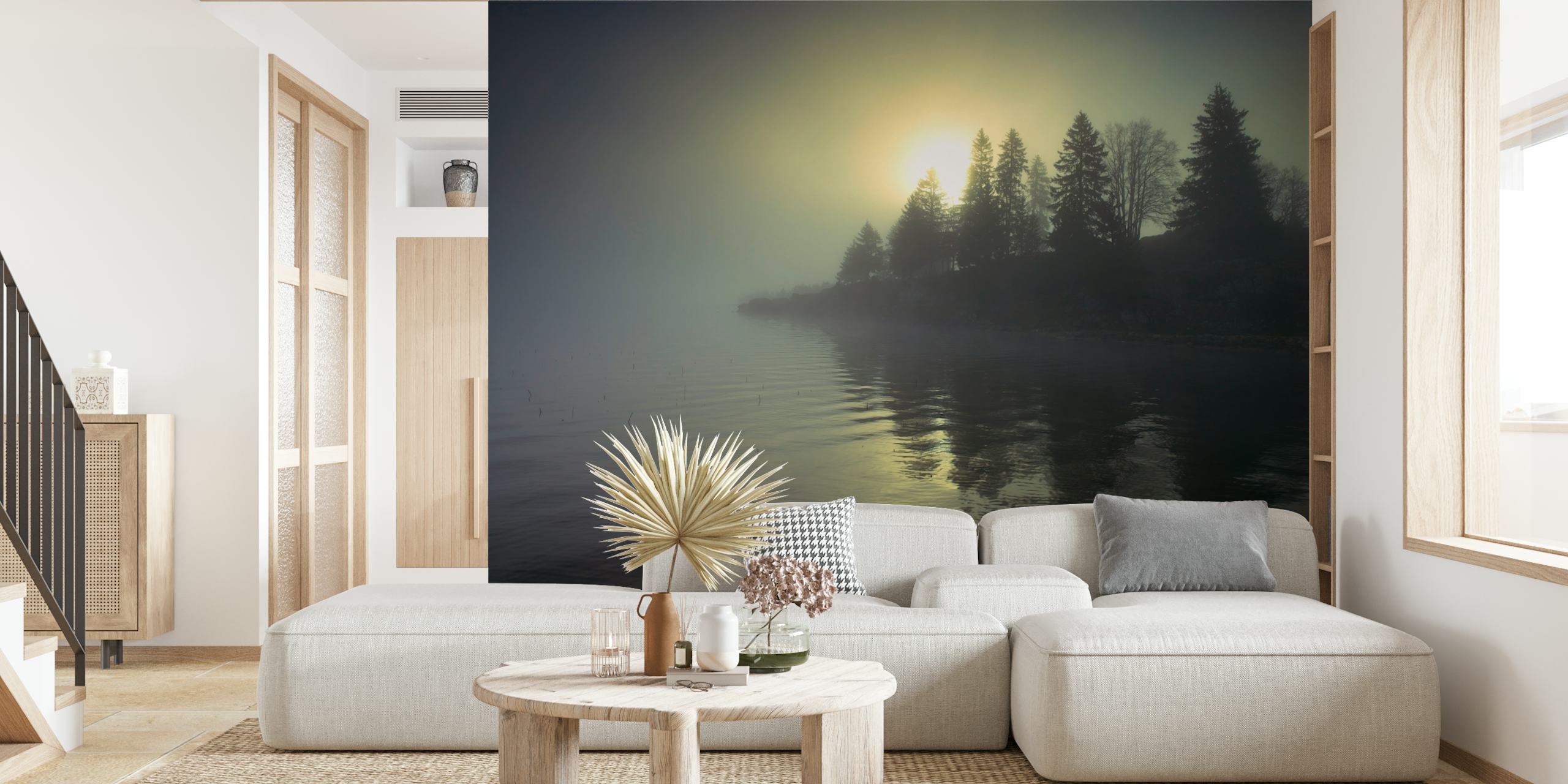 Zidna slika koja prikazuje maglovitu zoru uz jezero s drvećem
