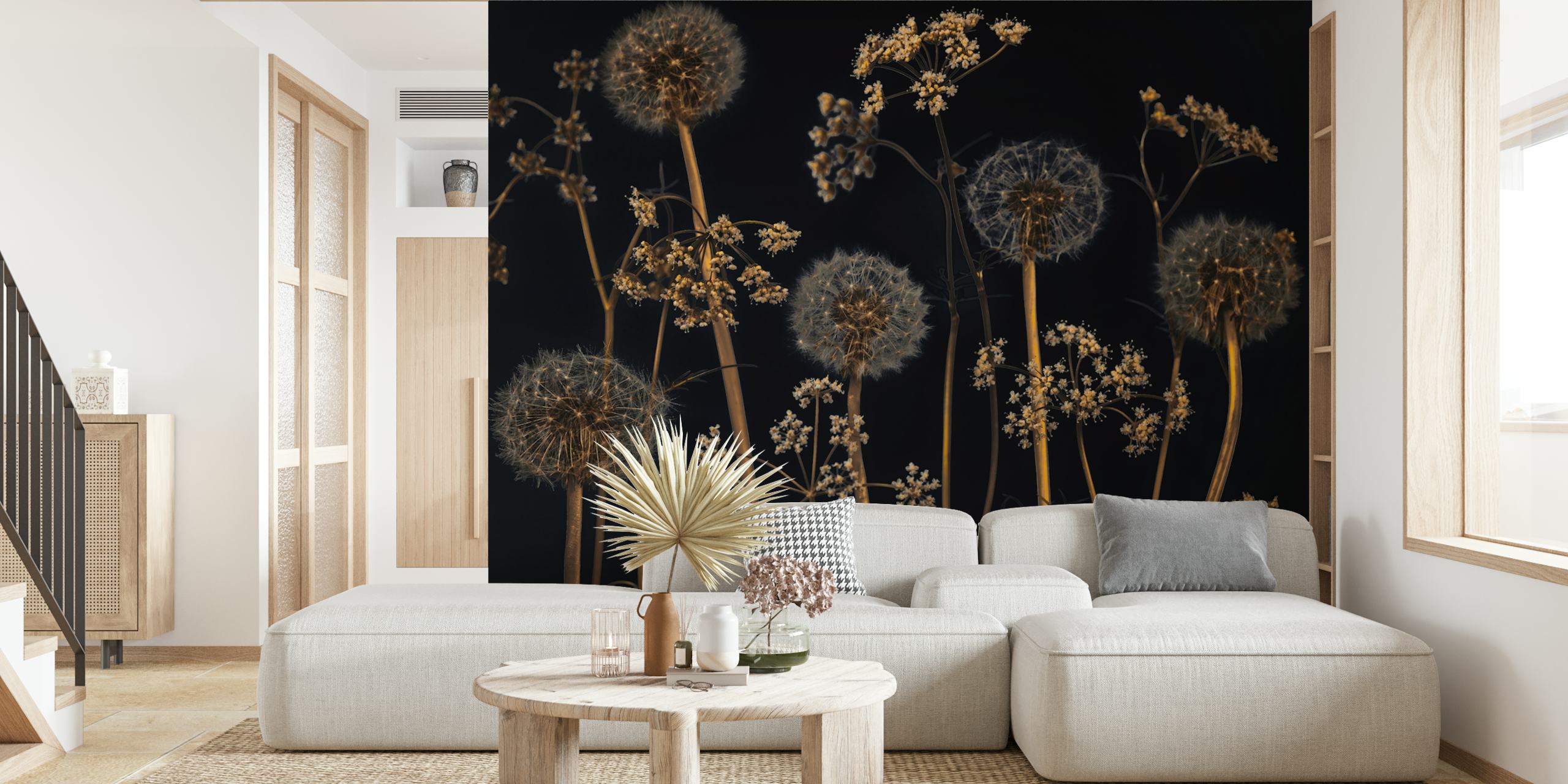 Black and gold floral wallpaper featuring dandelions and wildflowers