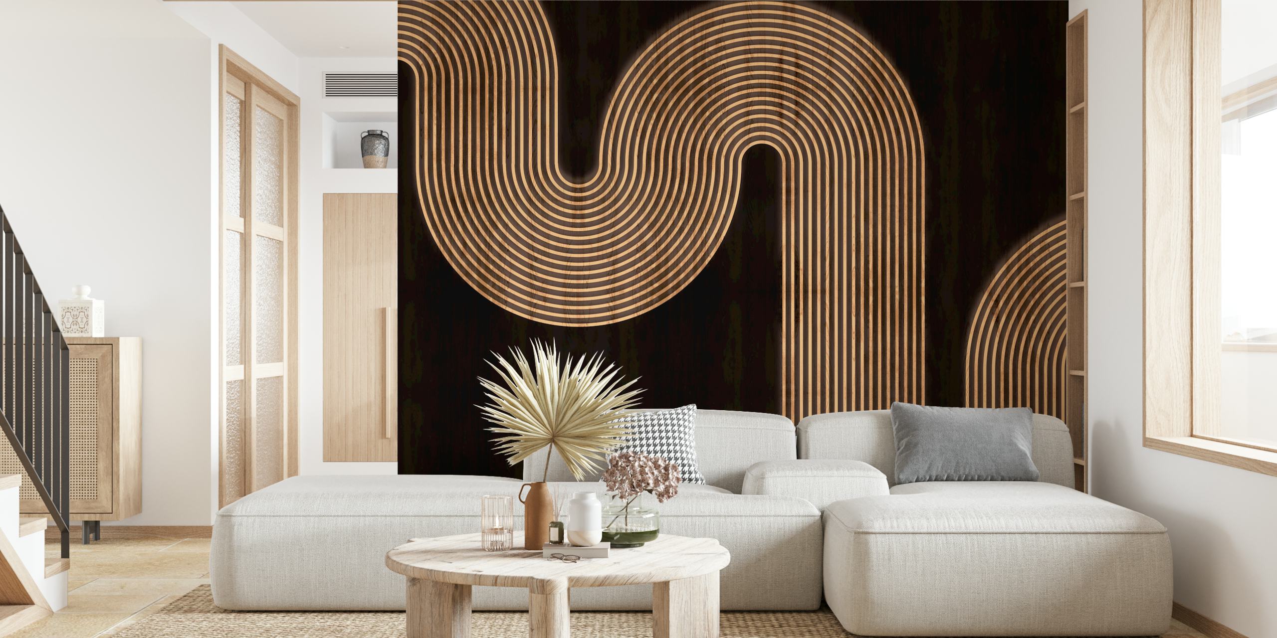 Curved wood lines on black background wallpaper