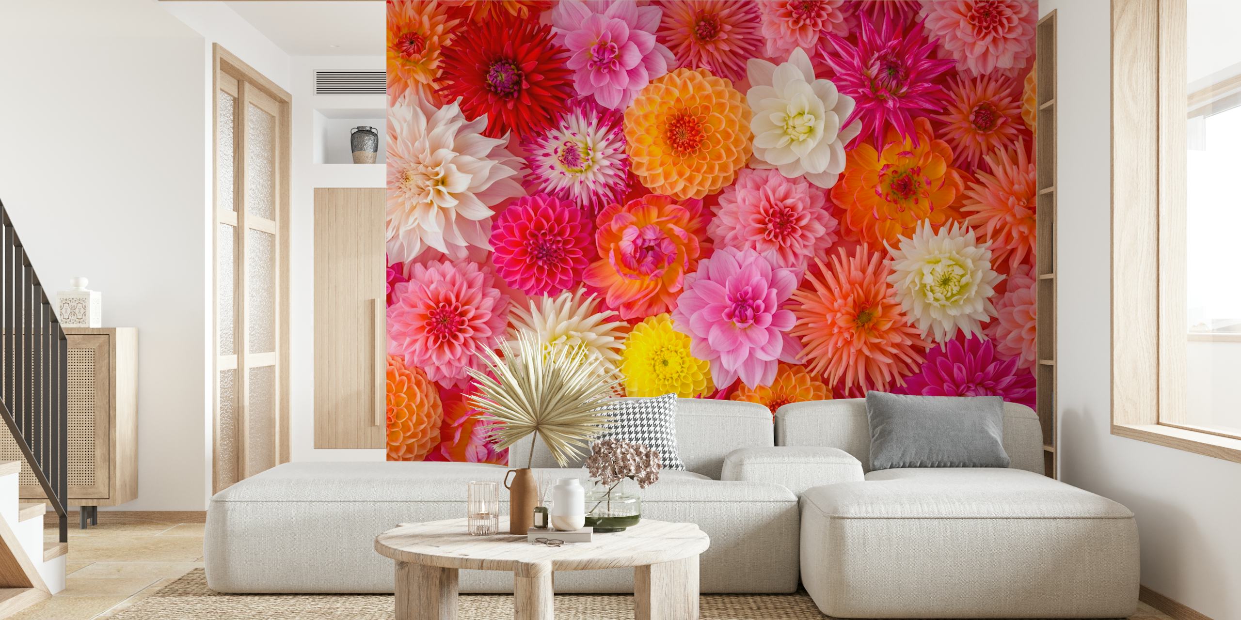 Bright floral wallpaper featuring various colorful flowers, including pink, orange, yellow, and white blooms.