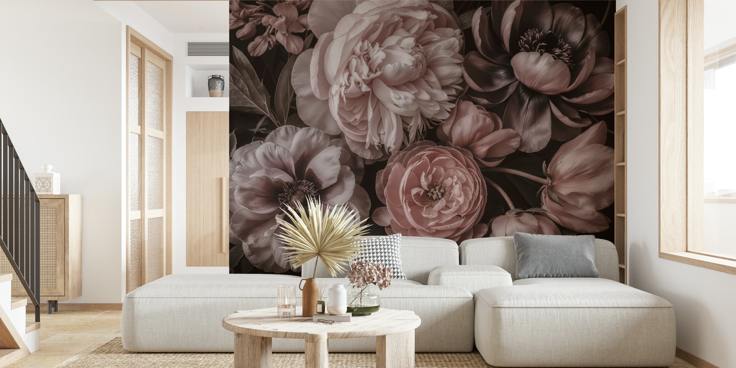 Fototapeta Blush Pink Moody Baroque Blooms s detailními květinovými vzory v růžových a šedých tónech.