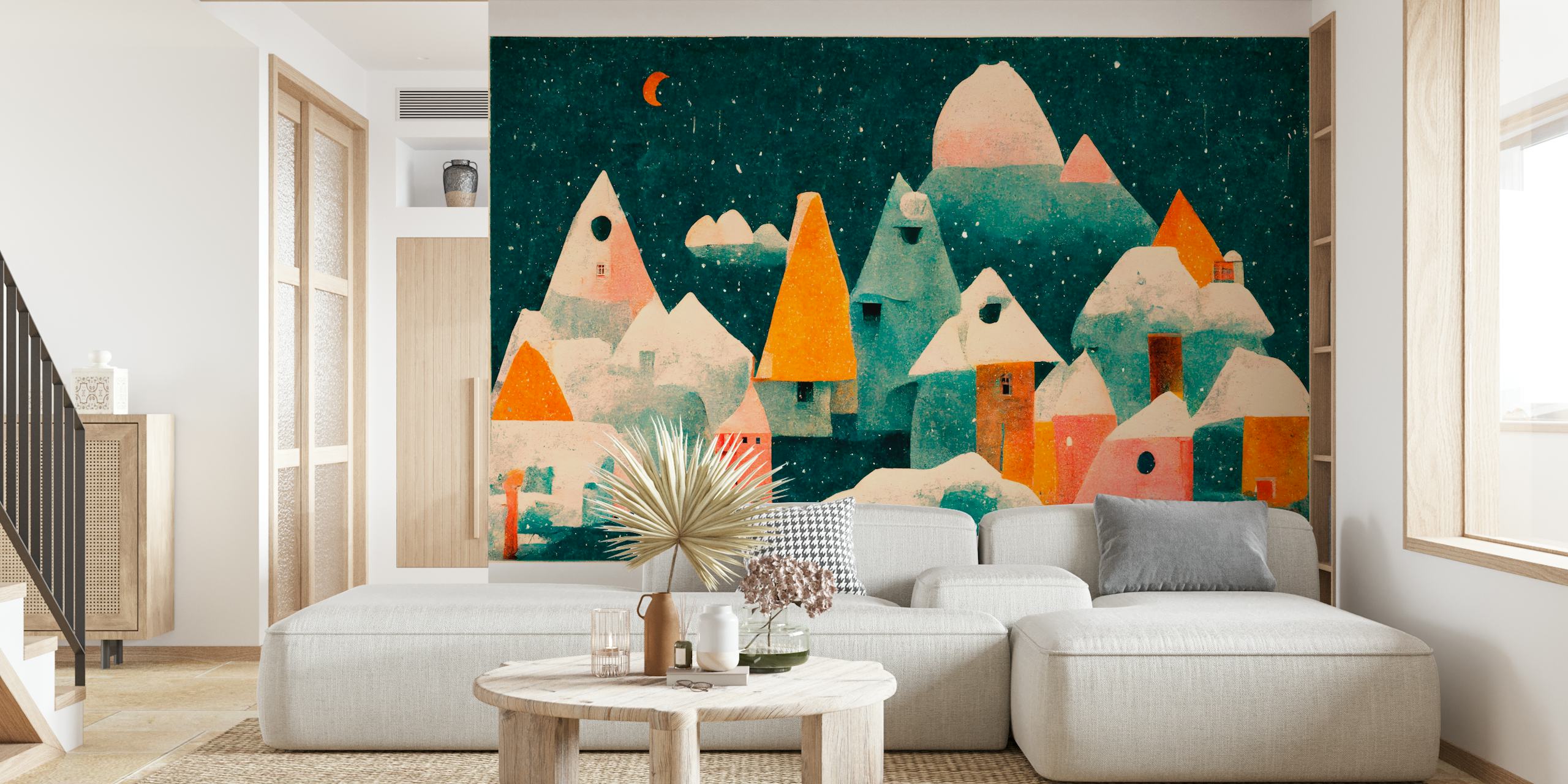 A stylized wall mural depicting a charming snow-covered village under a starry night sky with a crescent moon