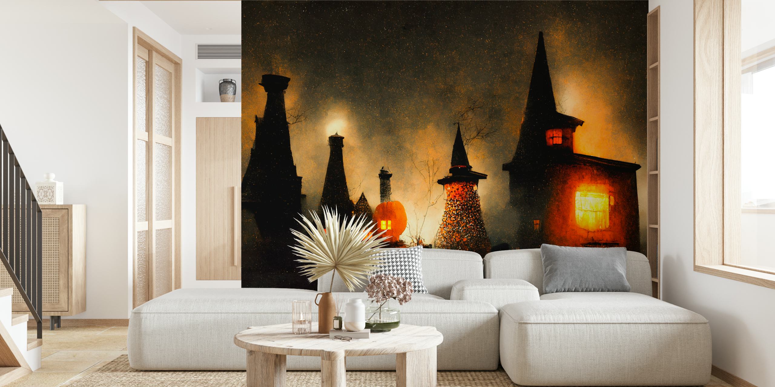 Fantasy witch village wall mural with moonlit shadowy cottages