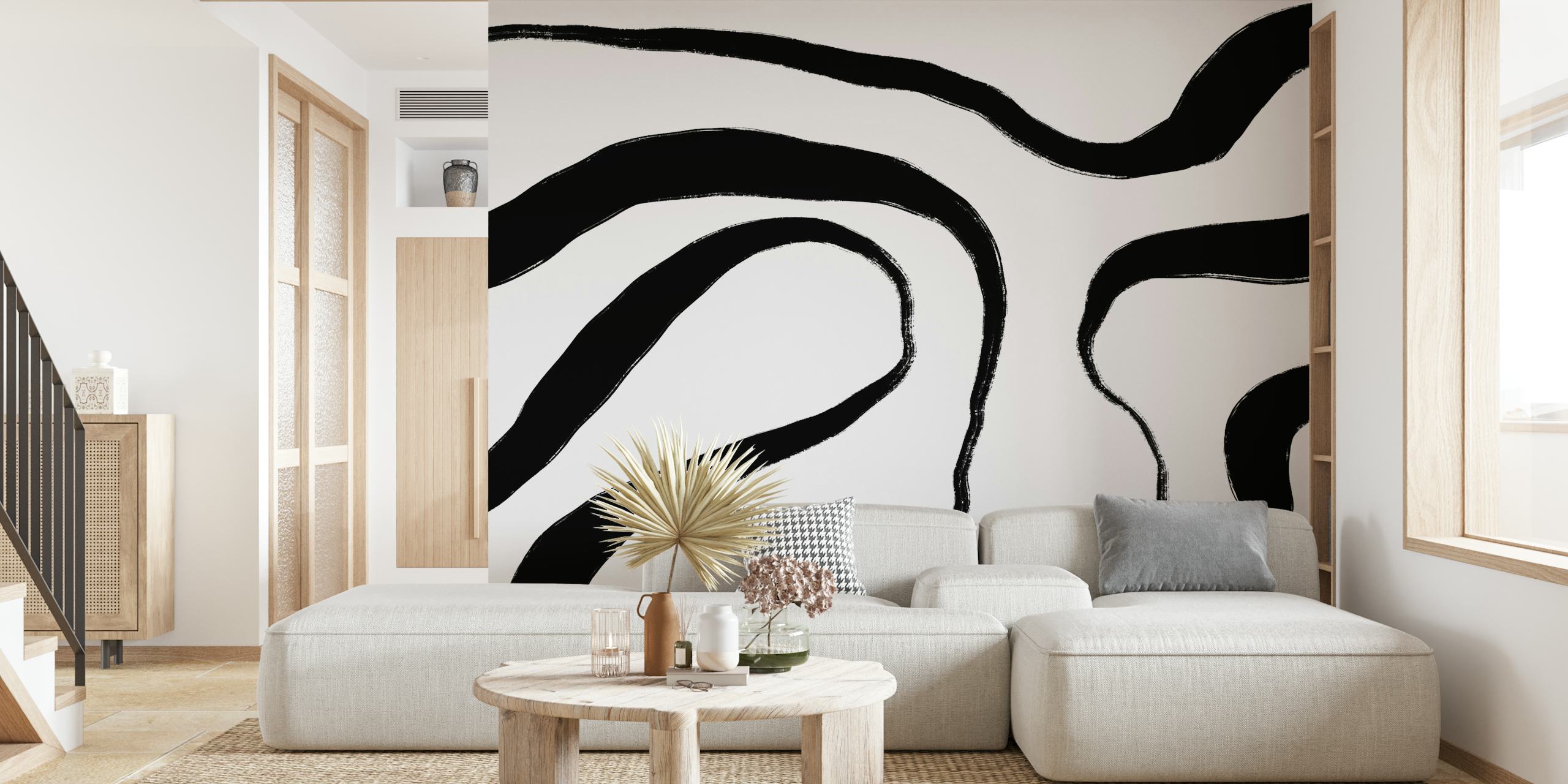 Abstract black and white fluid lines wall mural