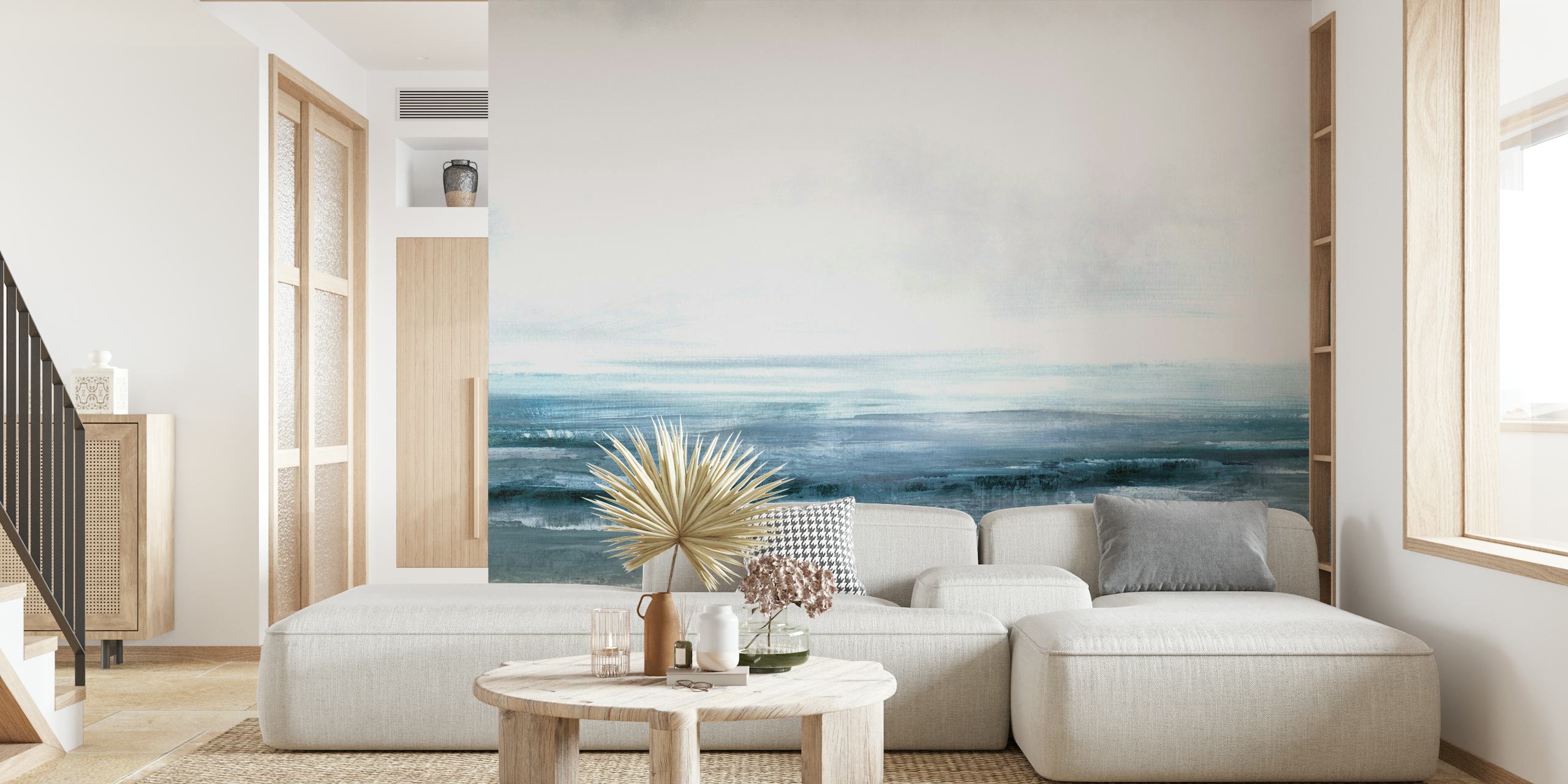 Tranquil ocean horizon wall mural with shades of blue and grey
