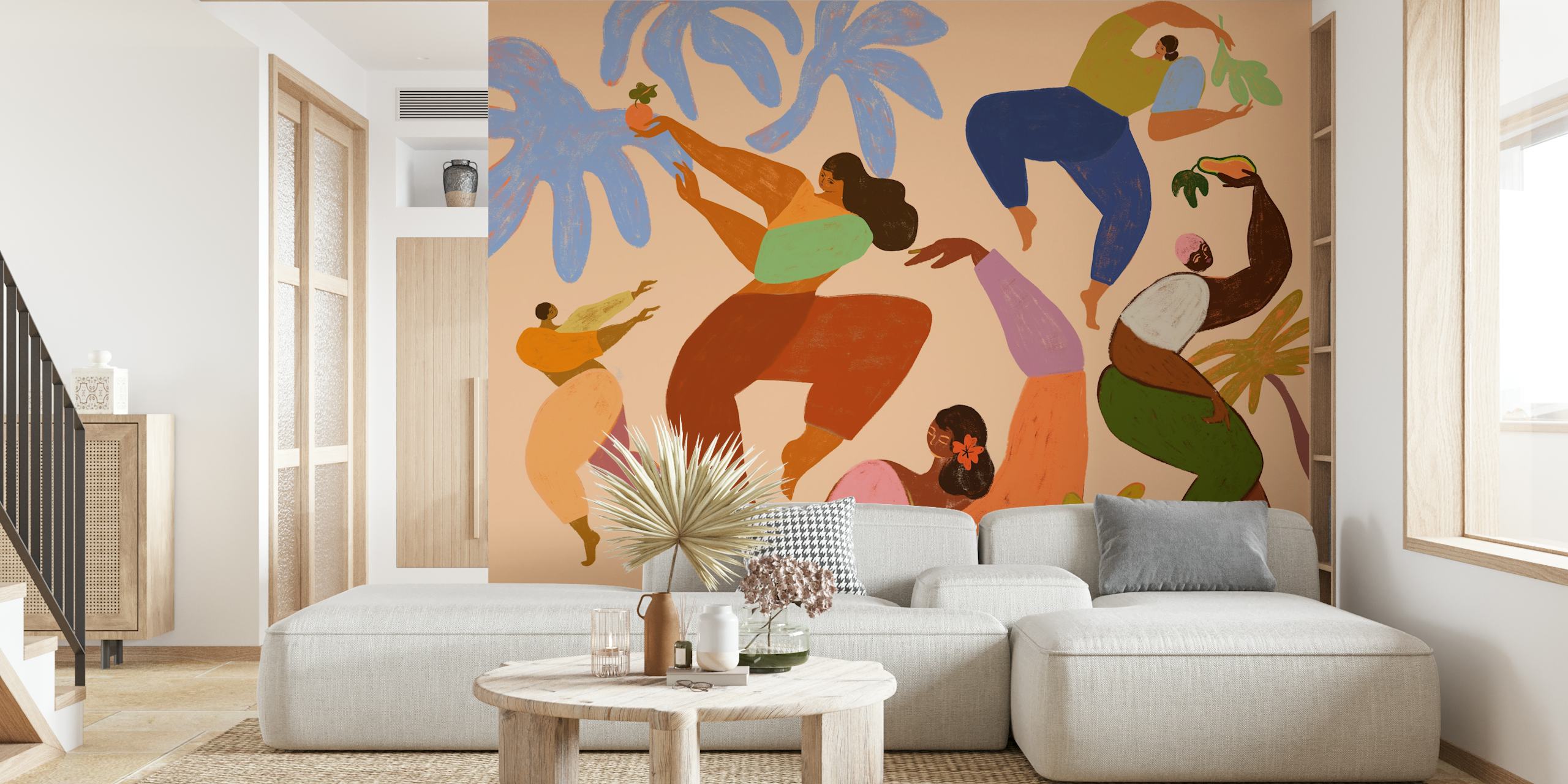 Colorful dancers and palm leaves illustration wallpaper