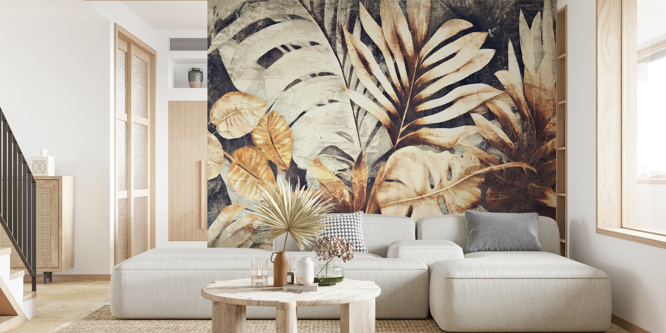 Sepia-toned tropical leaf pattern wall mural