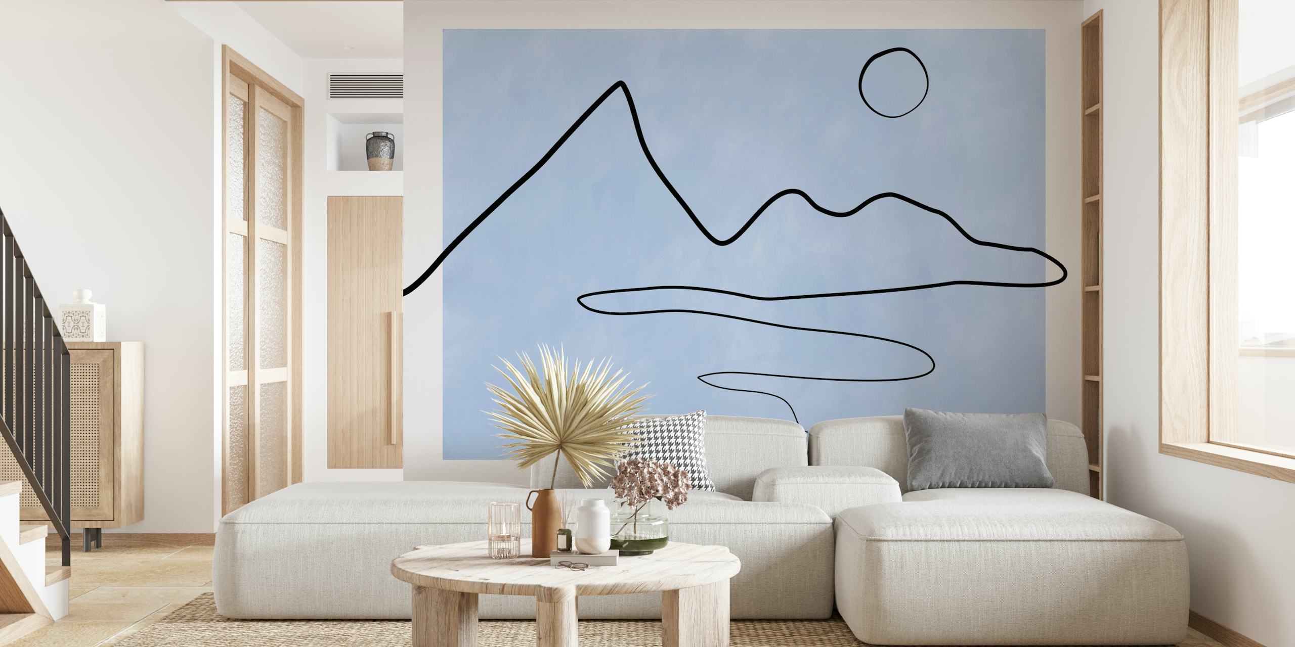 Indigo mountain landscape outline on a pale blue background wall mural