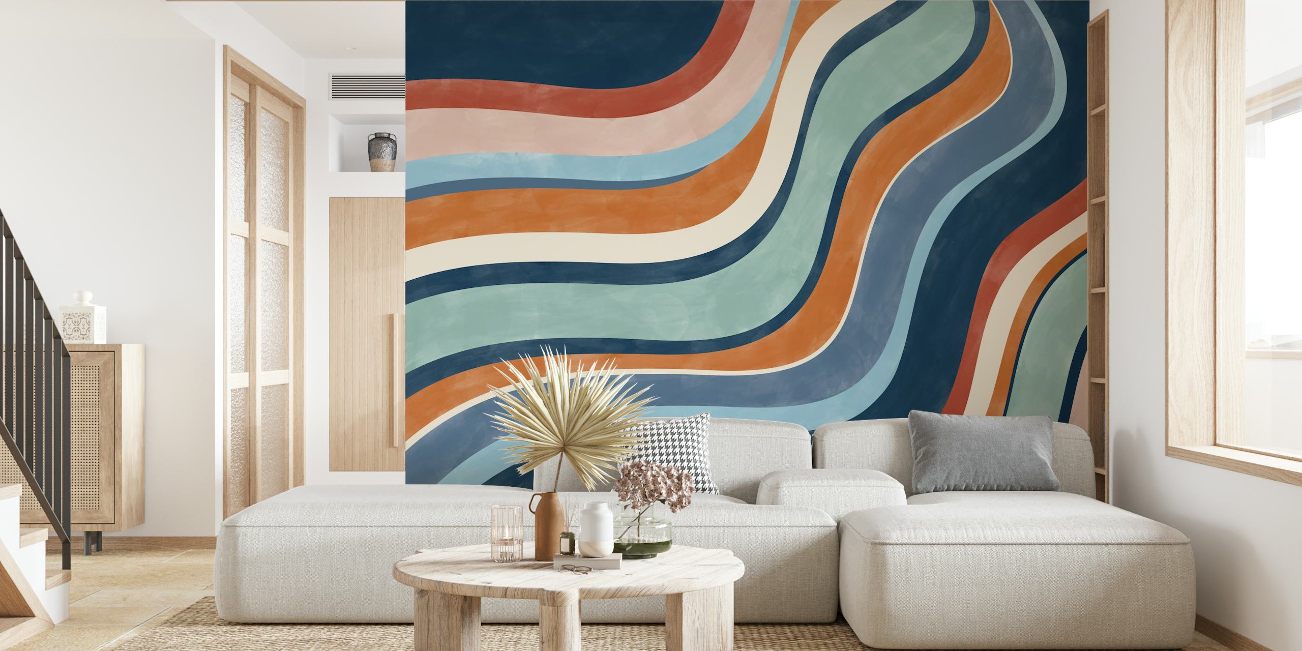Colorful retro wave pattern in blue, orange, and cream wallpaper
