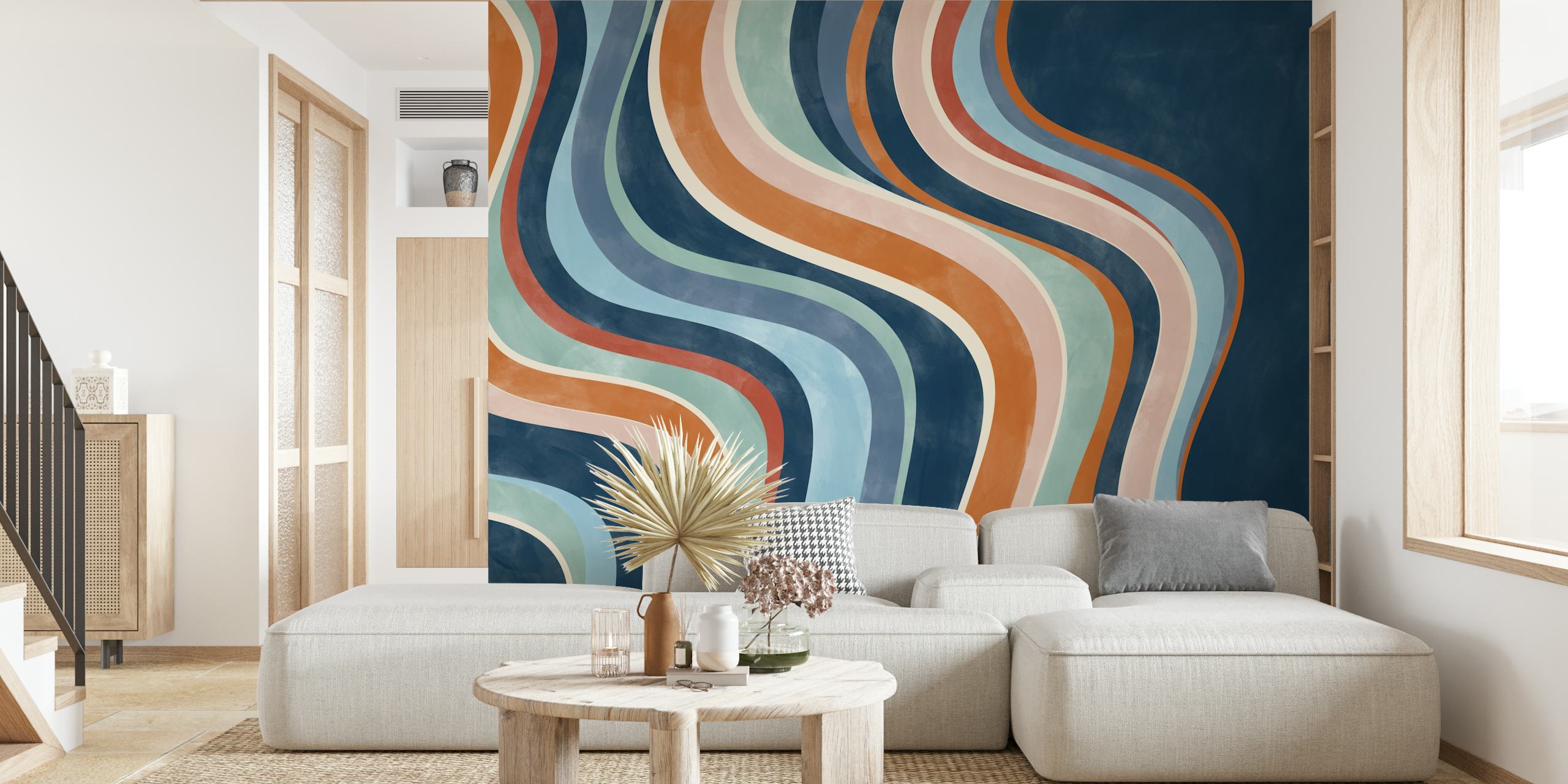 Abstract curving lines in shades of blue, orange, and rust on a dark background wall mural