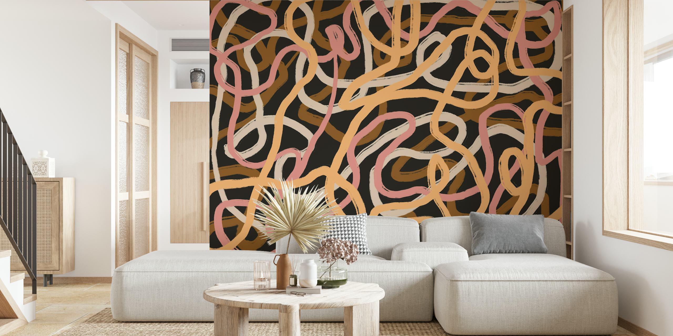 Abstract wavy lines in pink, tan, and cream on black wallpaper