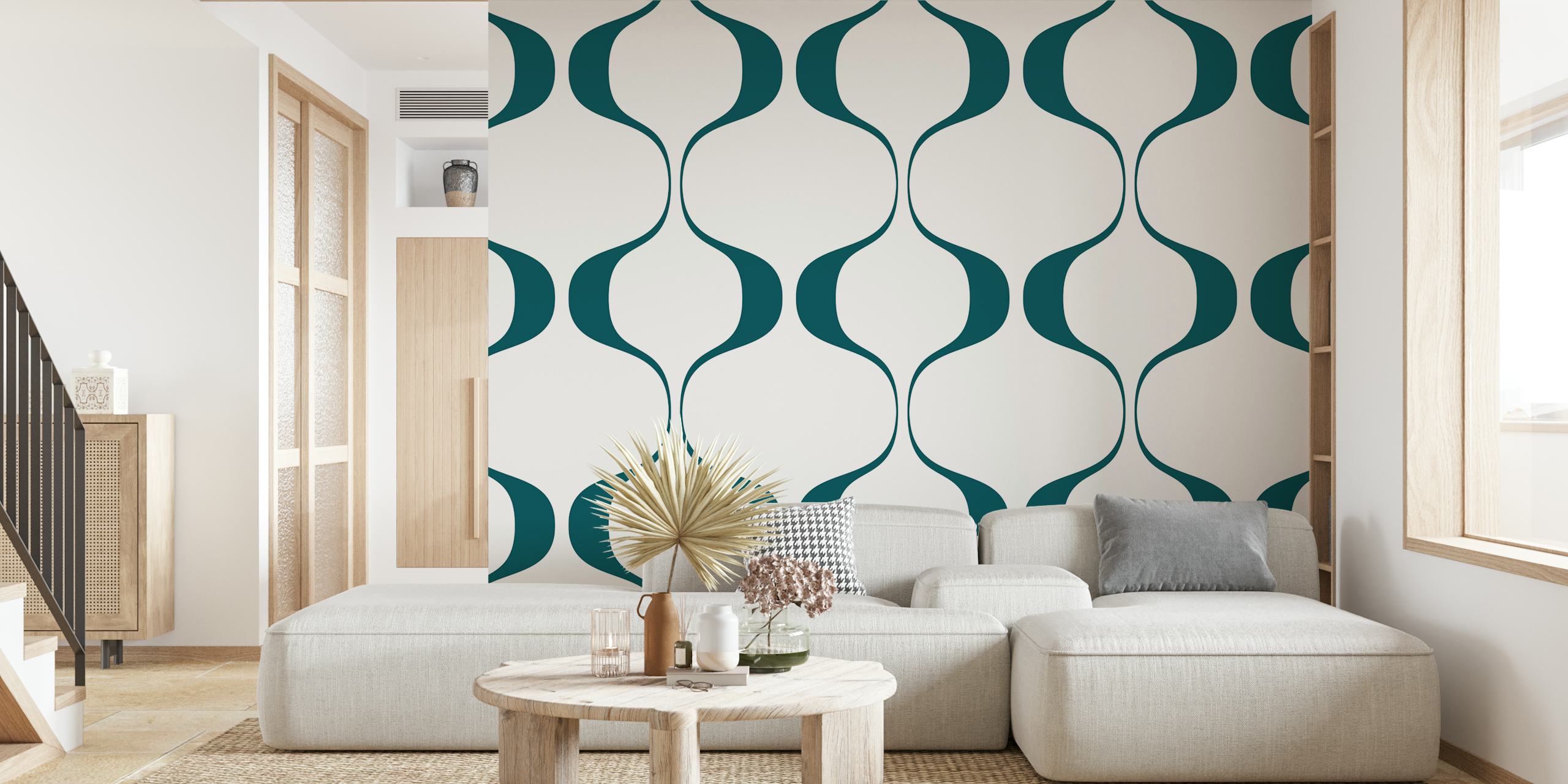 papel pintado Green Retro Geo Abstract Waves en una habitación