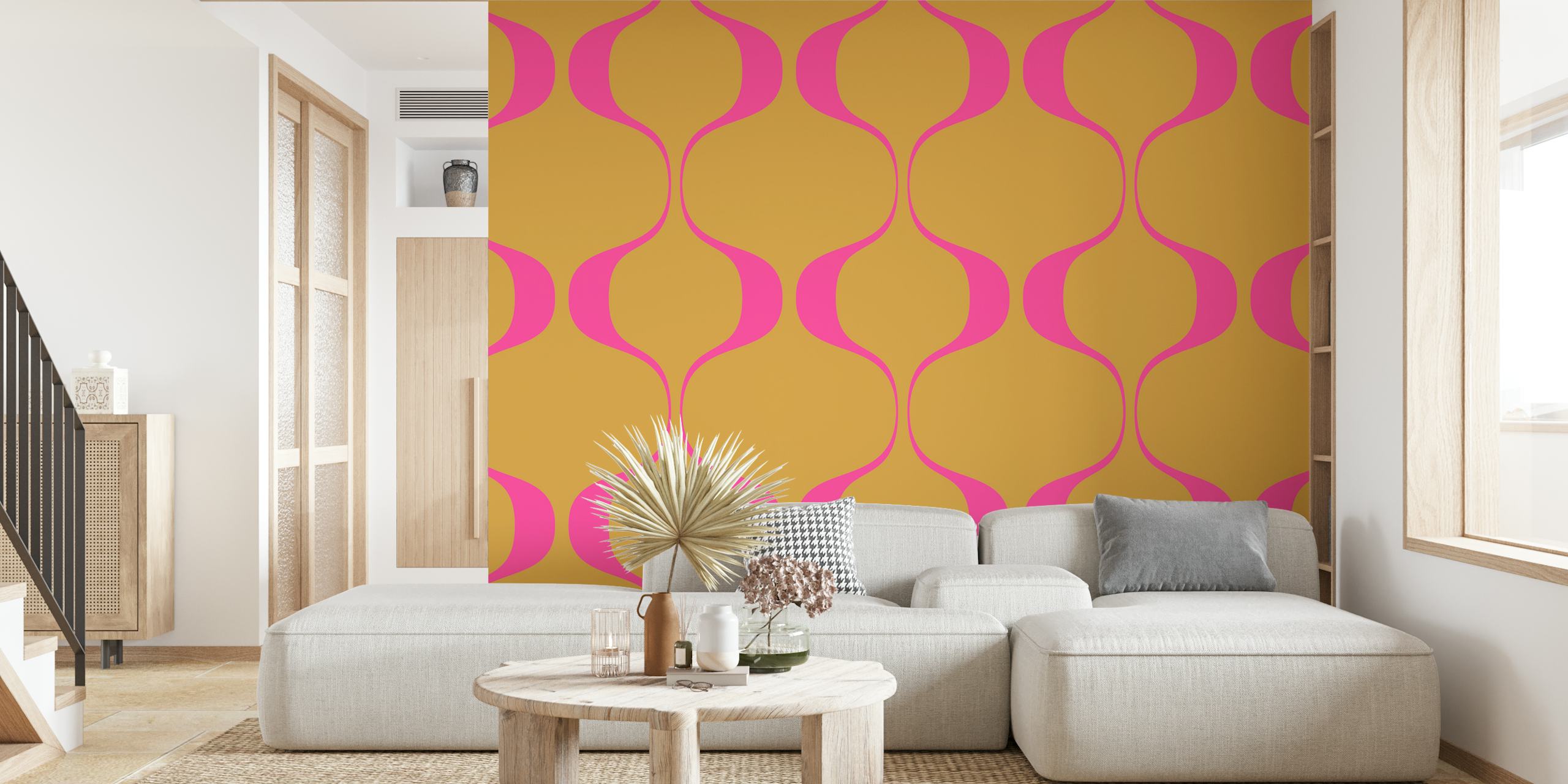 Curvy pink waves on a gold background wallpaper