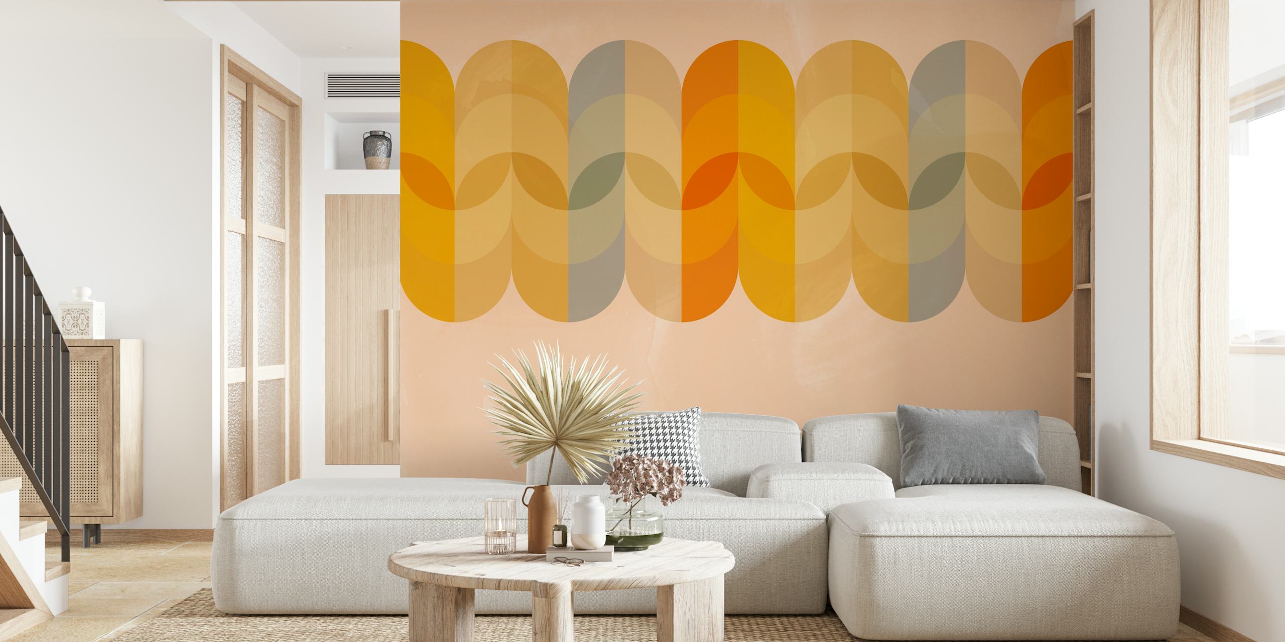 Mid century abstract wallpaper with rainbow leaf shapes in yellow and teal colors