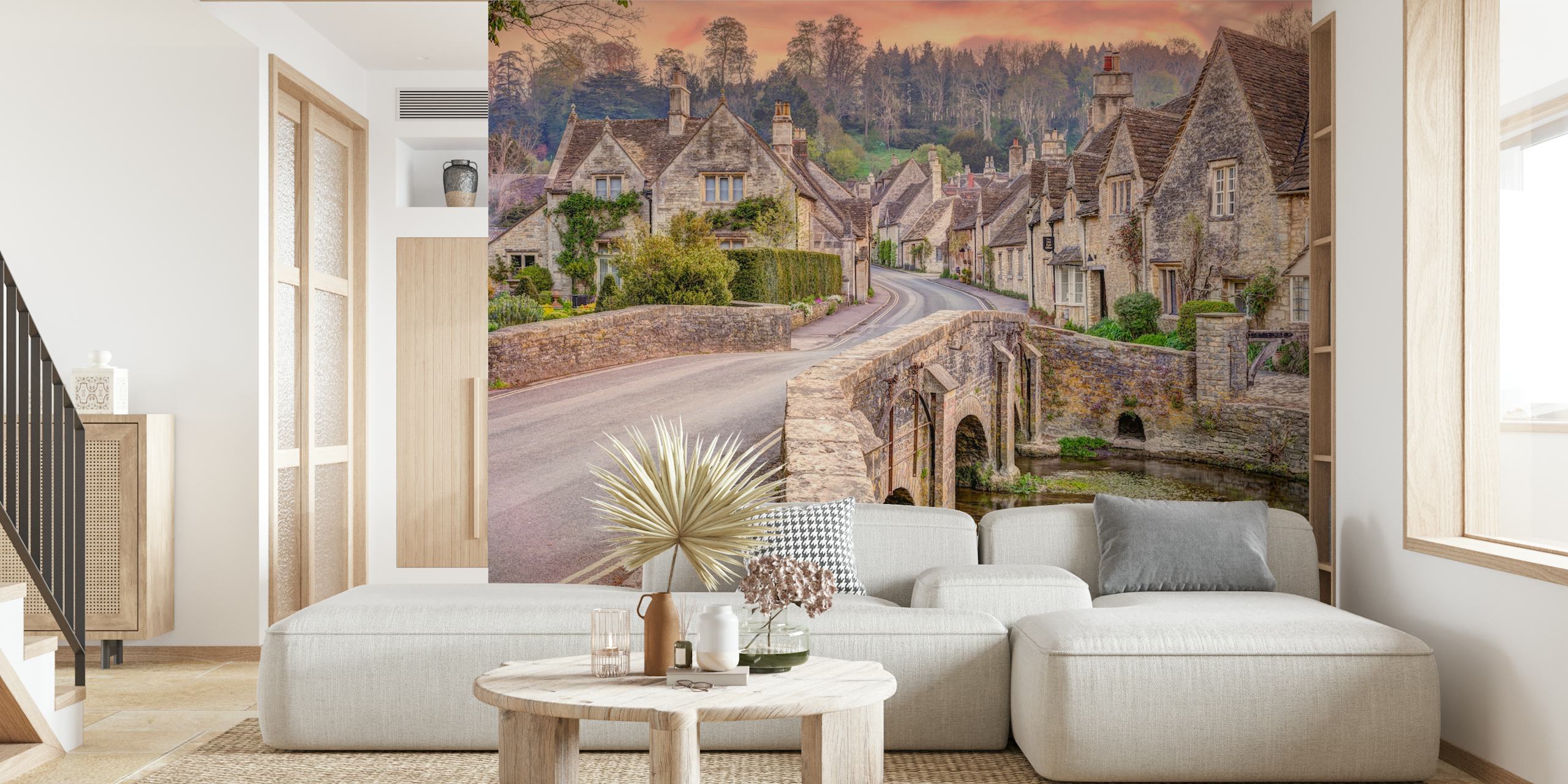 Stone cottages along a winding road, soft colors, artistic landscape wallpaper
