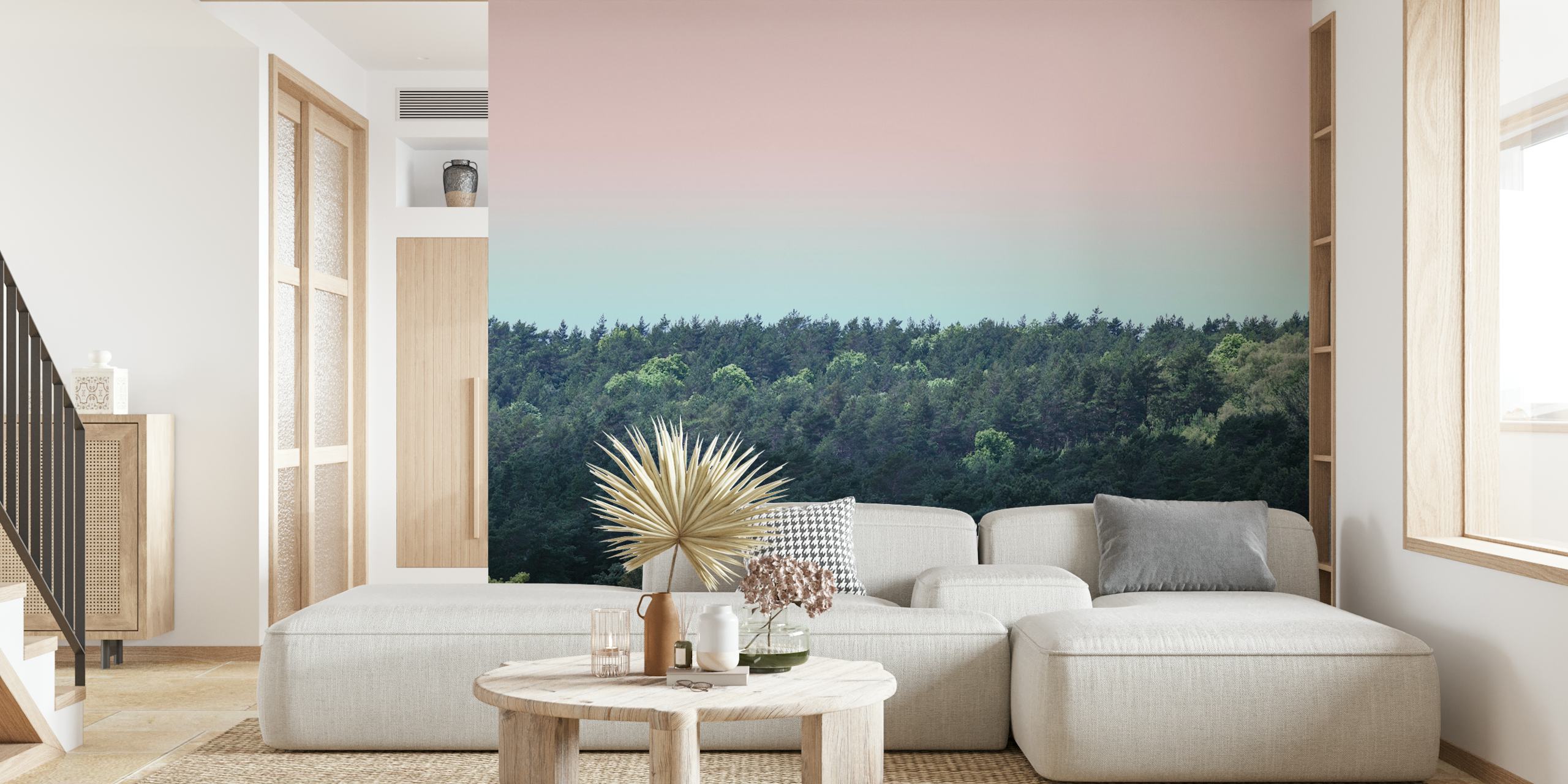 Trees tops at dusk wallpaper in a room