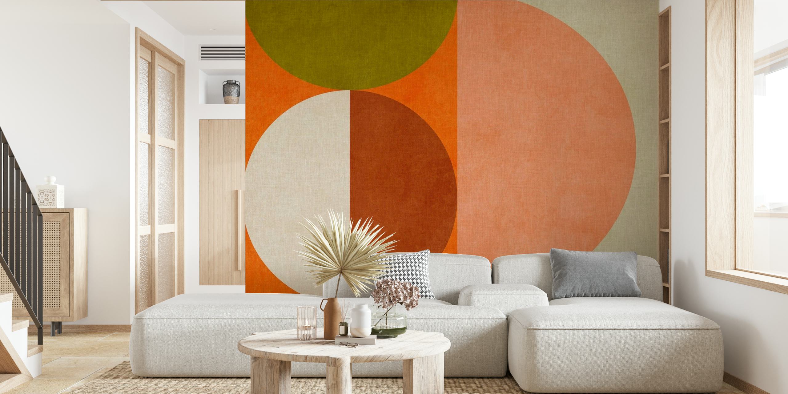 Abstract geometry wall mural with large overlapping circles in earth tones