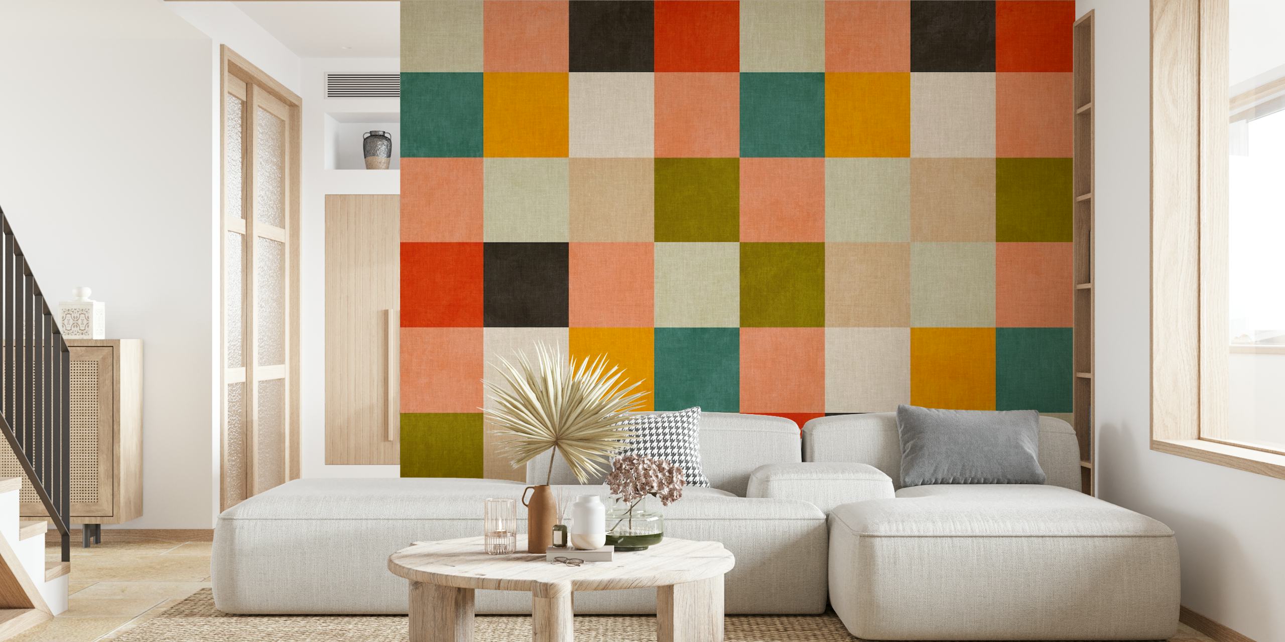 Midcentury checker geometry tapetti huoneessa
