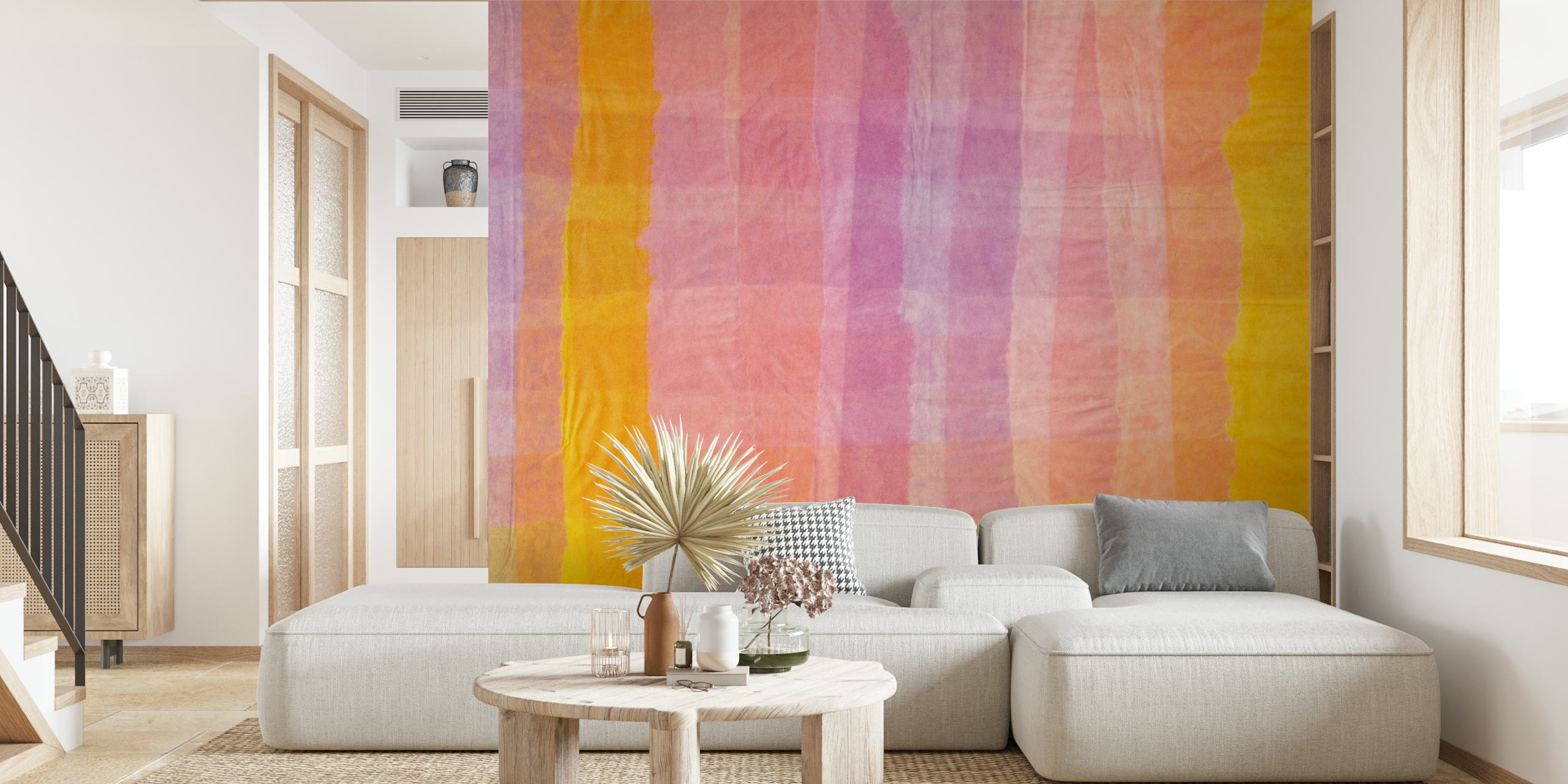 Colorful plaid wallpaper in pink, yellow, and orange hues with a watercolor texture
