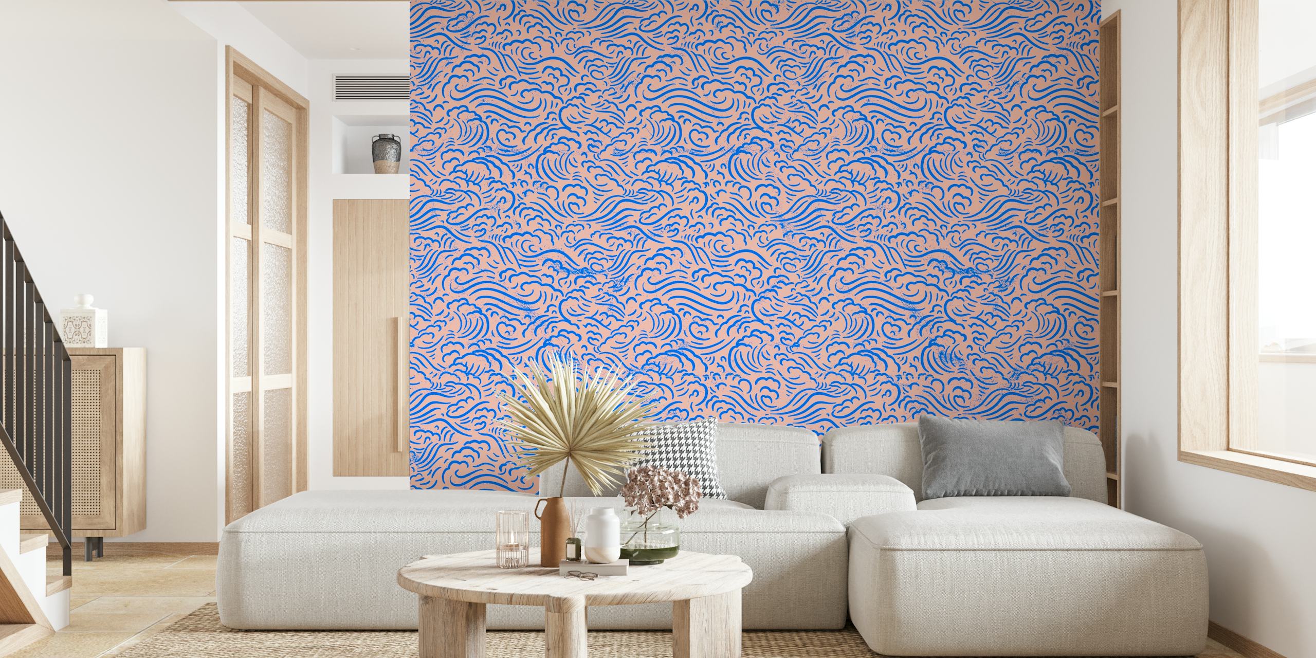 Traditional Japanese wood block print pattern in pink and blue for wall mural