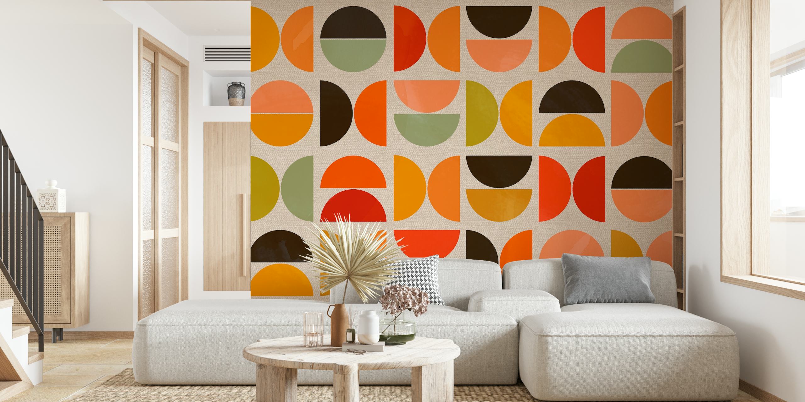 Colorful geometric shapes in warm tones on beige wallpaper